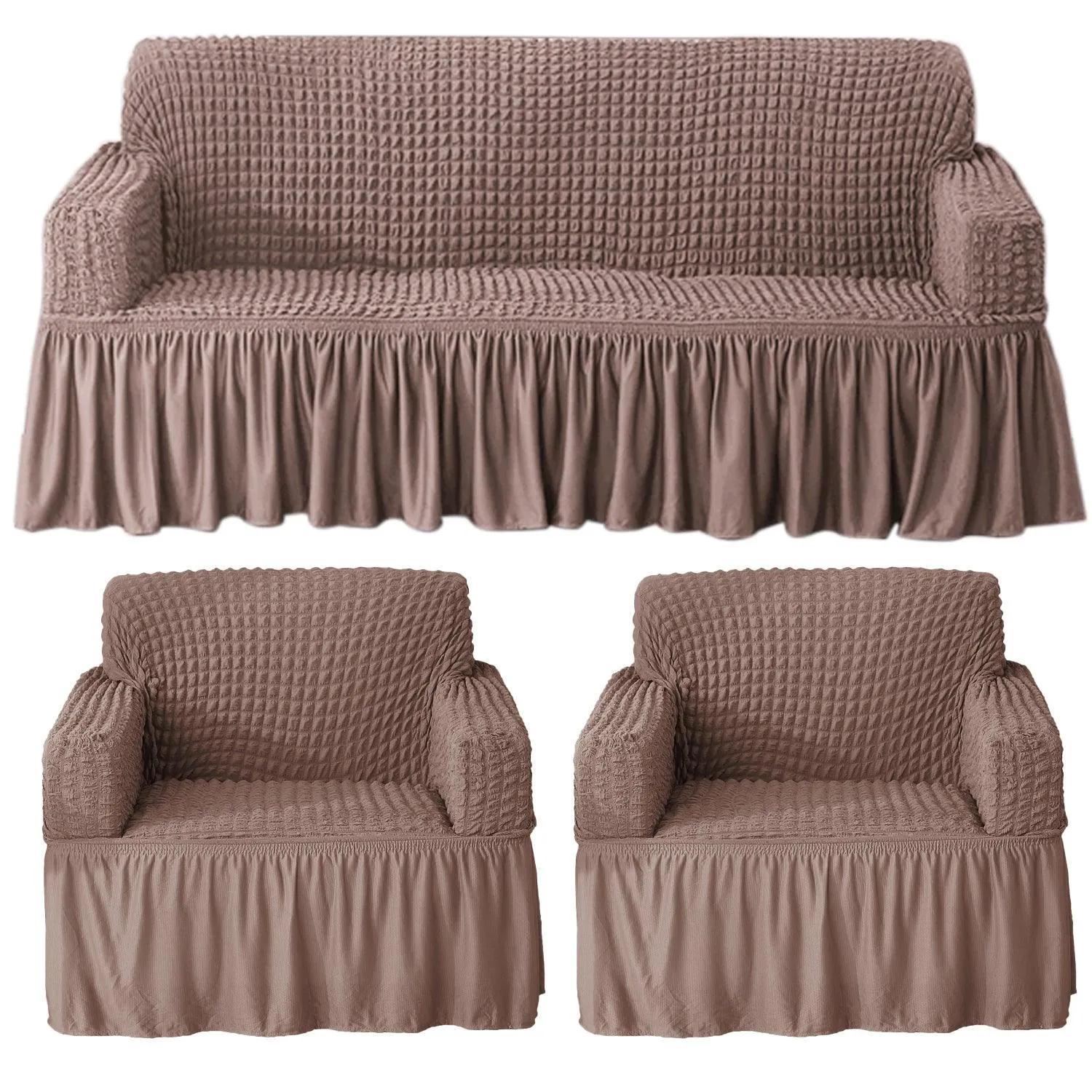 Elastic Stretchable Turkish Bubble Sofa Cover with Frill, Mocha