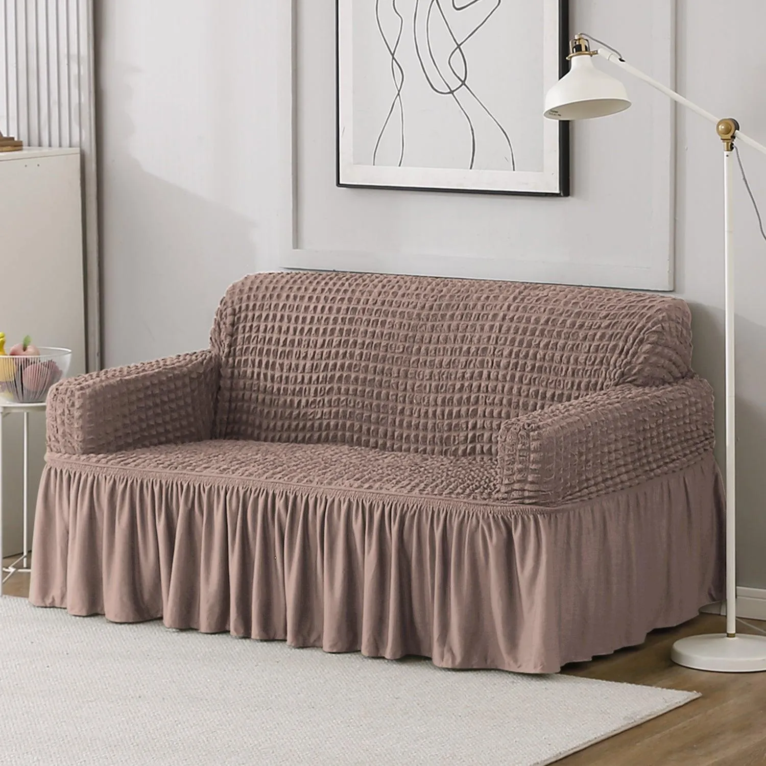 Elastic Stretchable Turkish Bubble Sofa Cover with Frill, Mocha