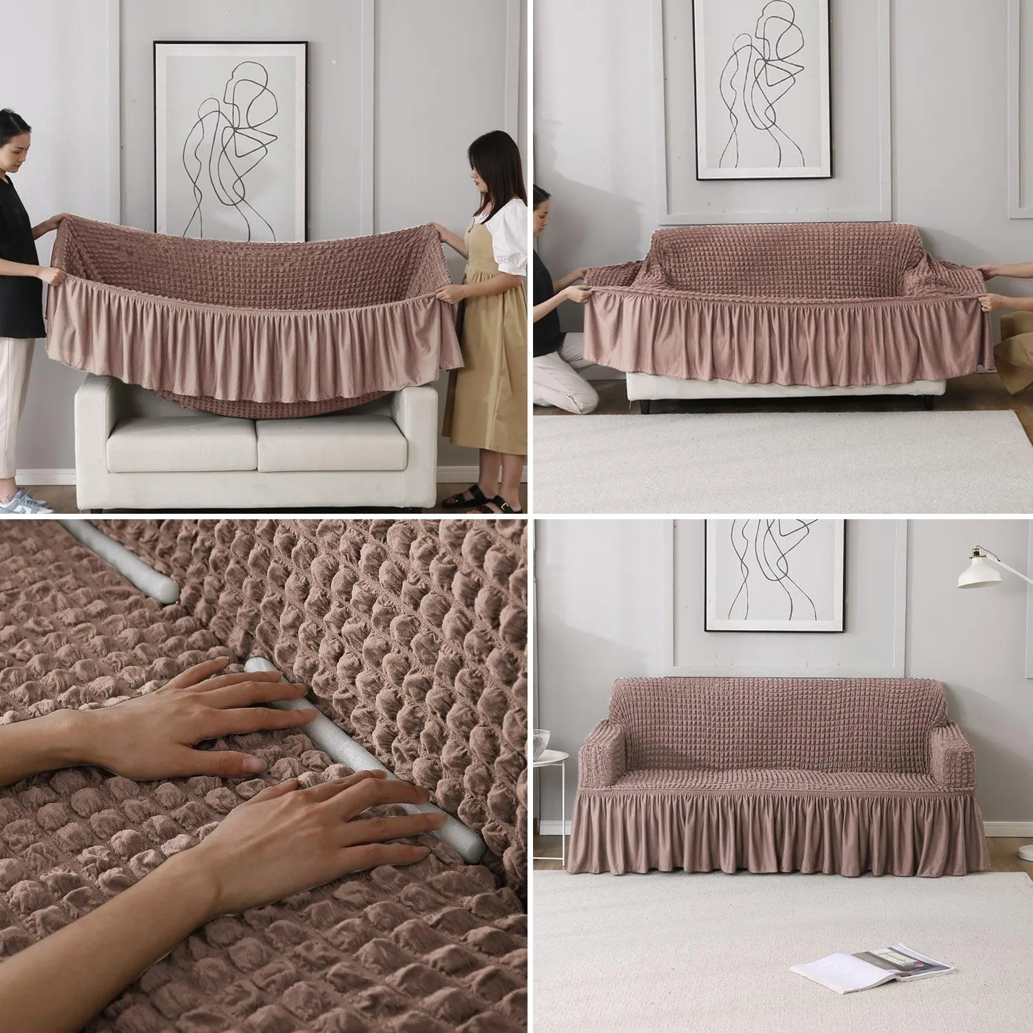 Elastic Stretchable Turkish Bubble Sofa Cover with Frill, Mocha