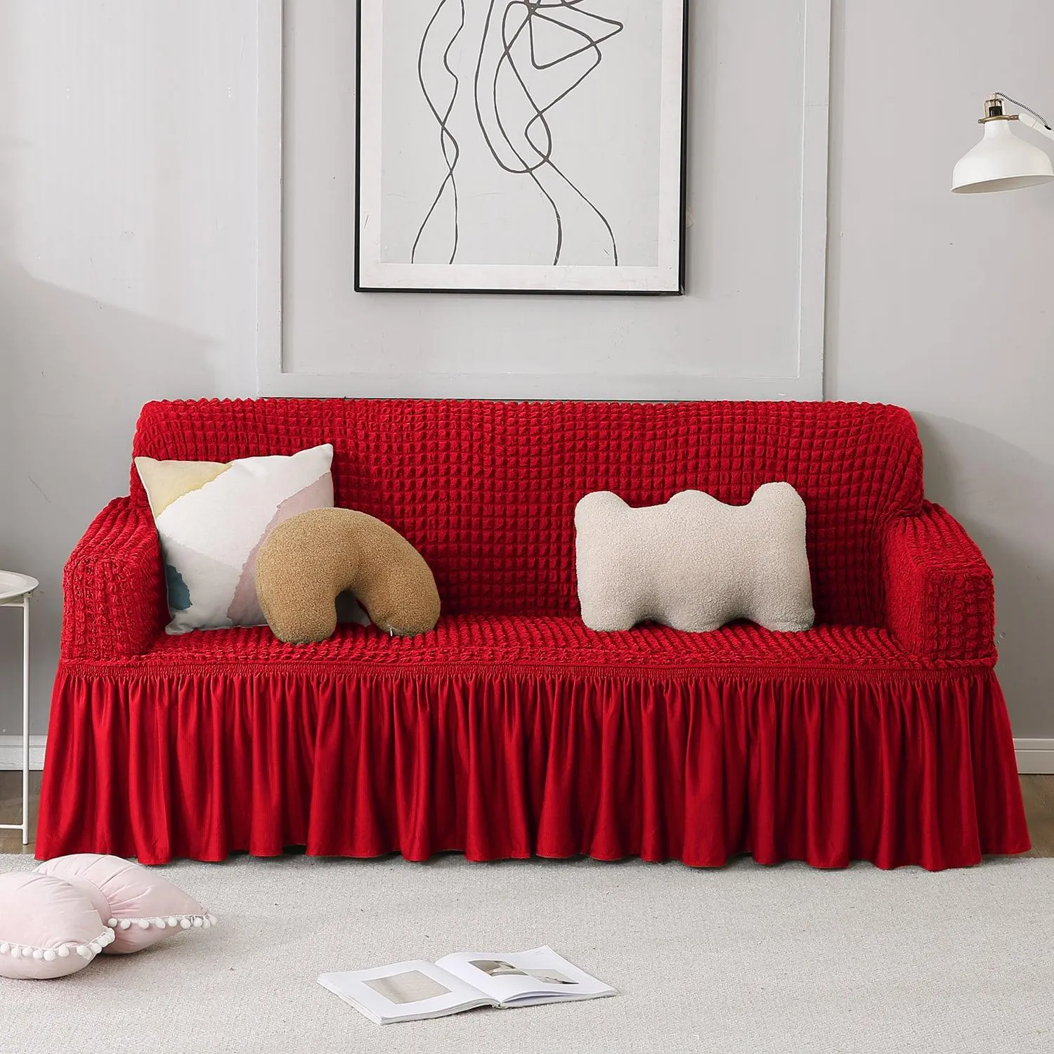 Elastic Stretchable Turkish Bubble Sofa Cover with Frill, Scarlet Red