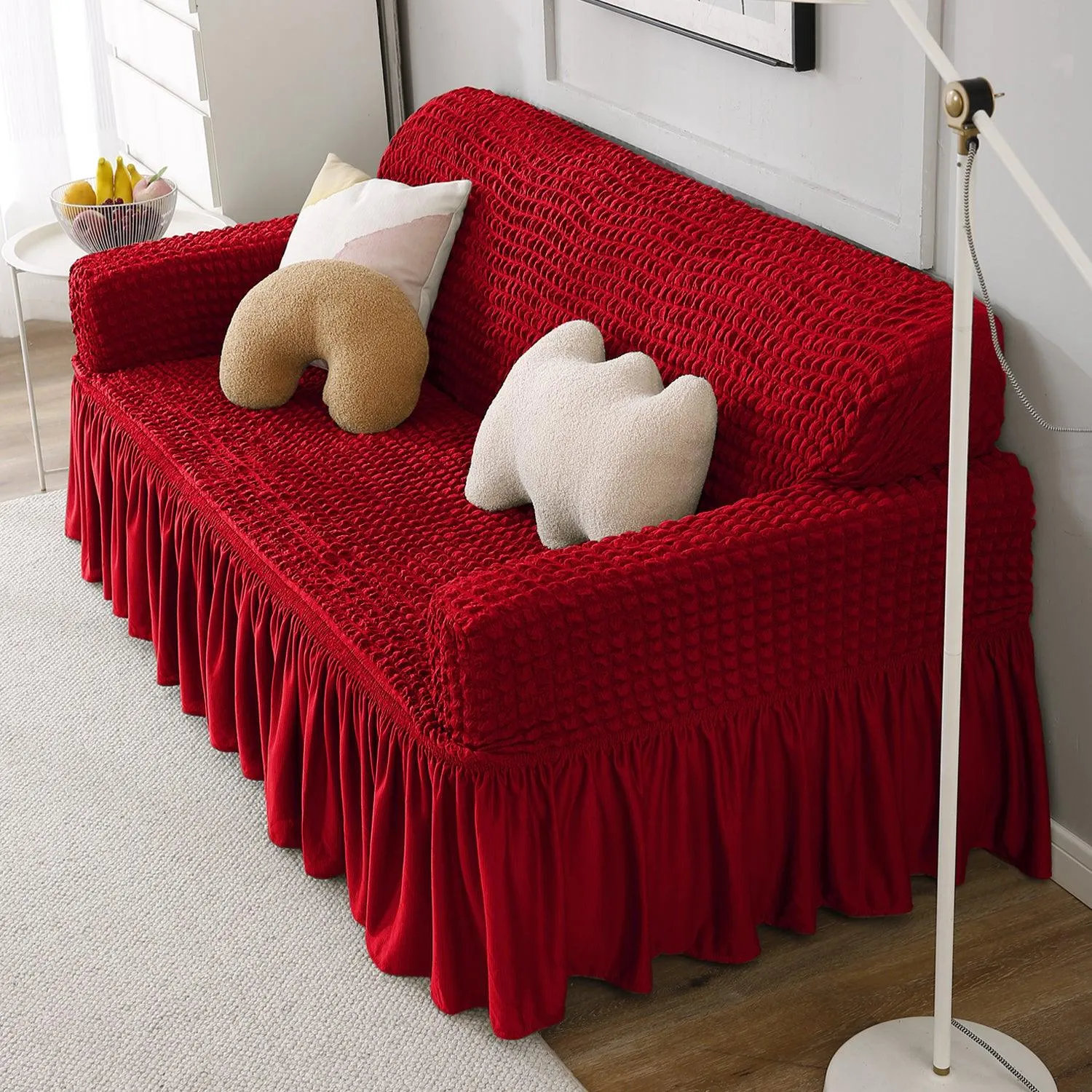 Elastic Stretchable Turkish Bubble Sofa Cover with Frill, Scarlet Red