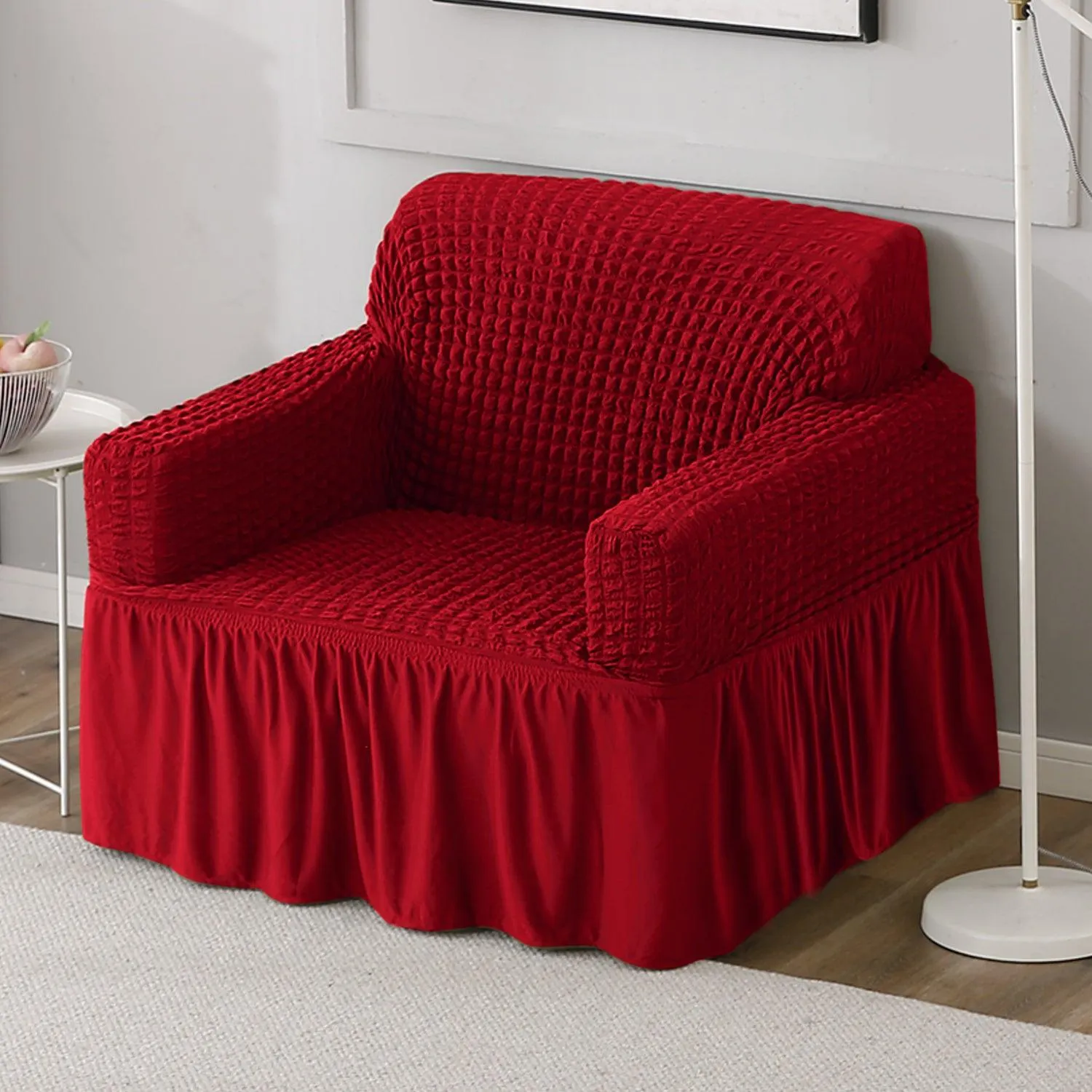 Elastic Stretchable Turkish Bubble Sofa Cover with Frill, Scarlet Red