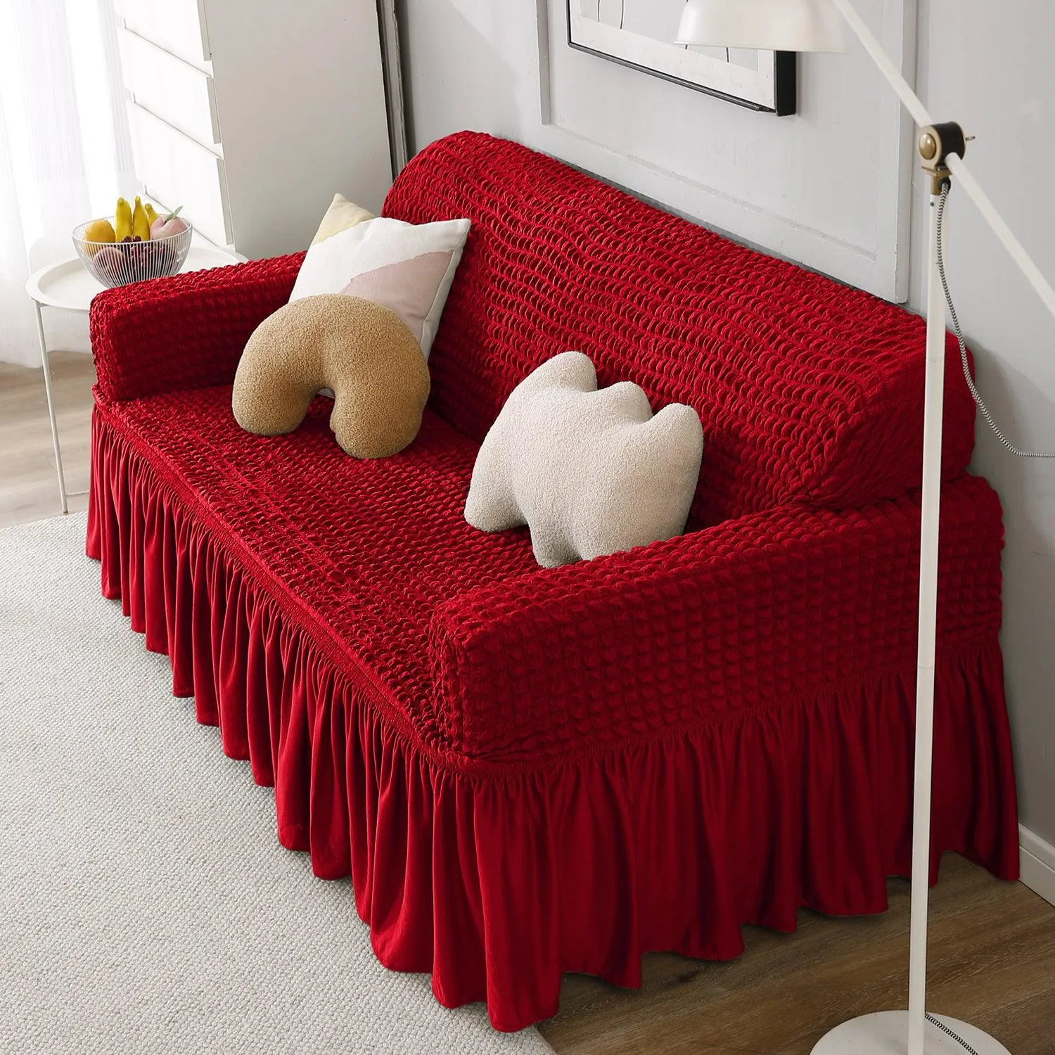 Elastic Stretchable Turkish Bubble Sofa Cover with Frill, Scarlet Red