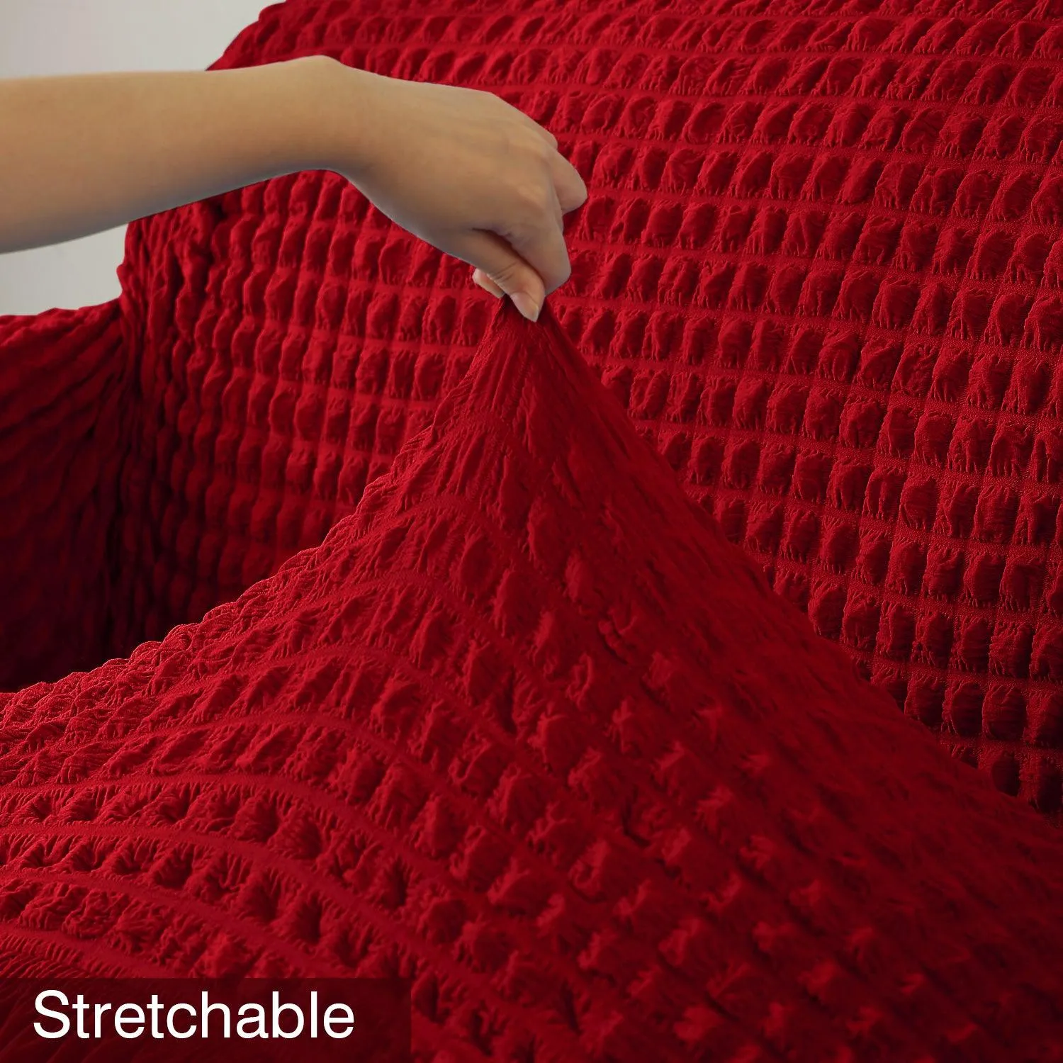 Elastic Stretchable Turkish Bubble Sofa Cover with Frill, Scarlet Red