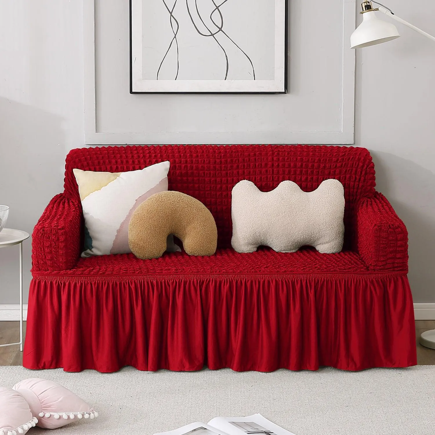 Elastic Stretchable Turkish Bubble Sofa Cover with Frill, Scarlet Red