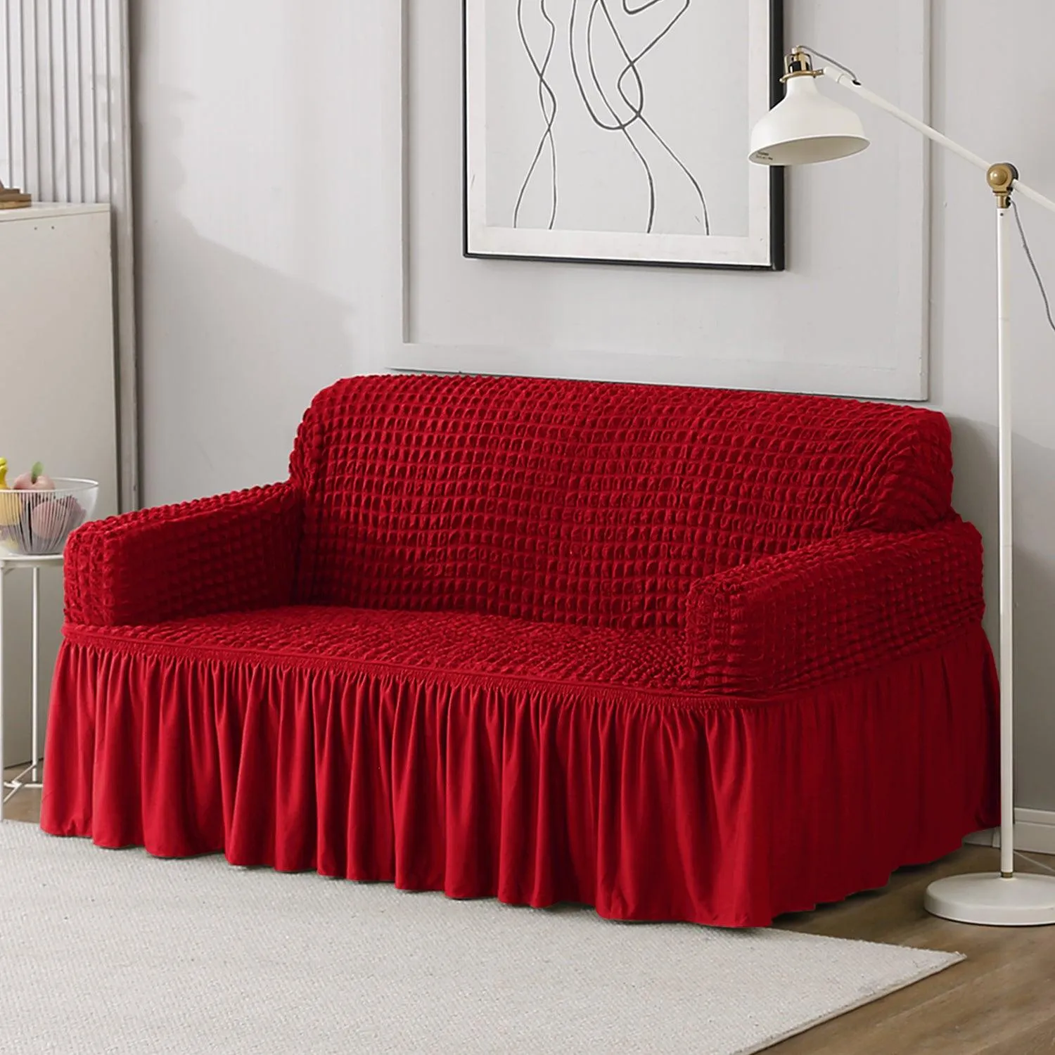 Elastic Stretchable Turkish Bubble Sofa Cover with Frill, Scarlet Red