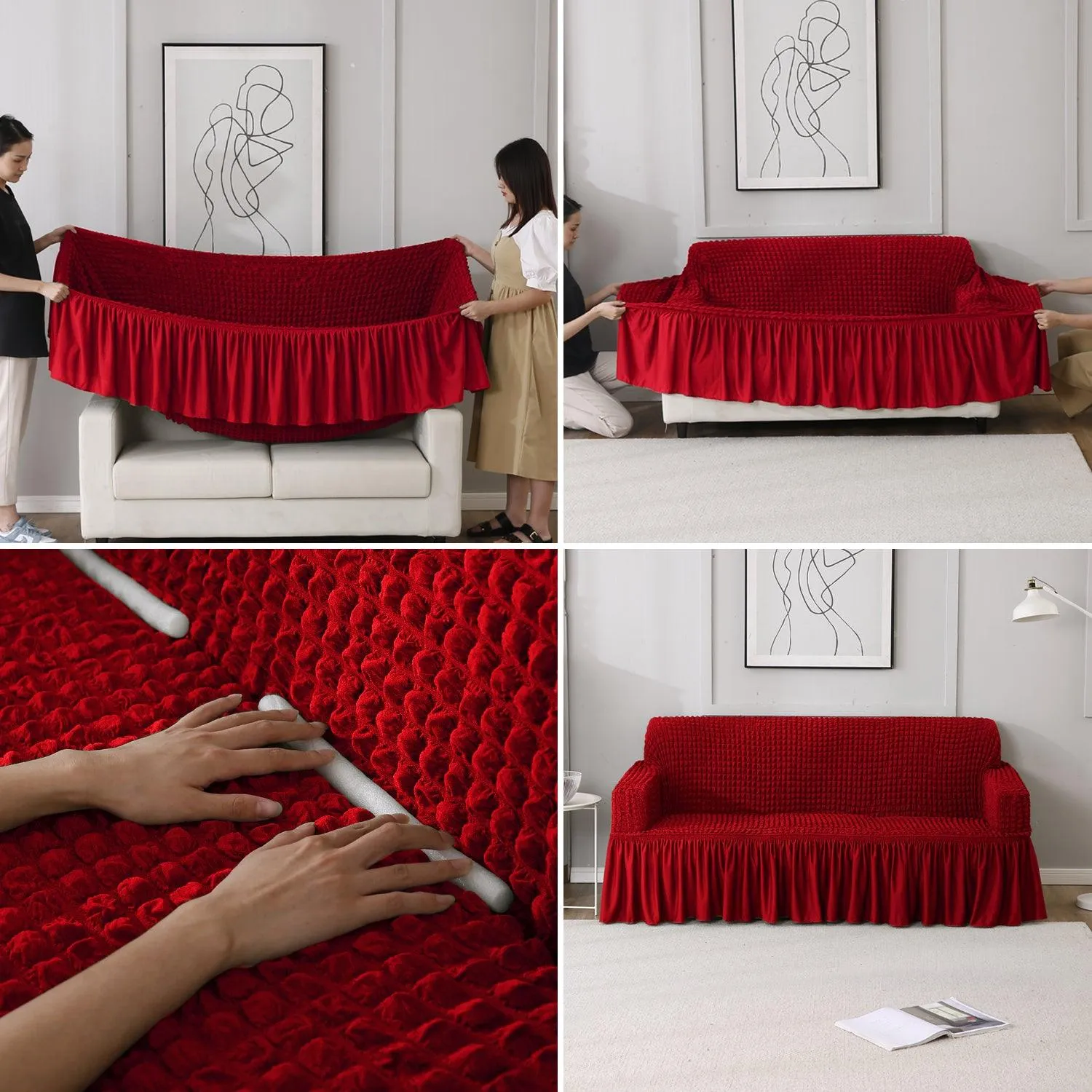 Elastic Stretchable Turkish Bubble Sofa Cover with Frill, Scarlet Red