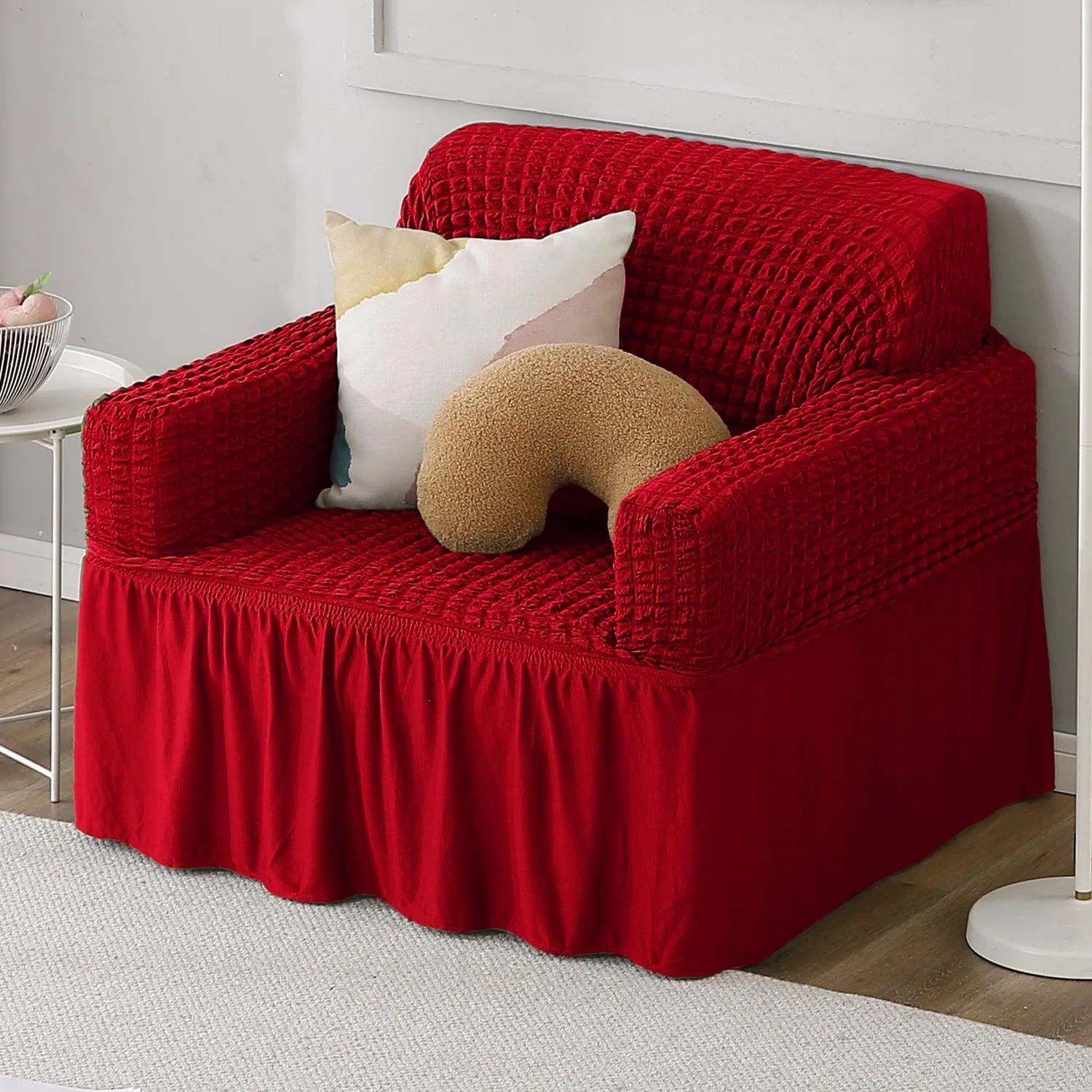 Elastic Stretchable Turkish Bubble Sofa Cover with Frill, Scarlet Red