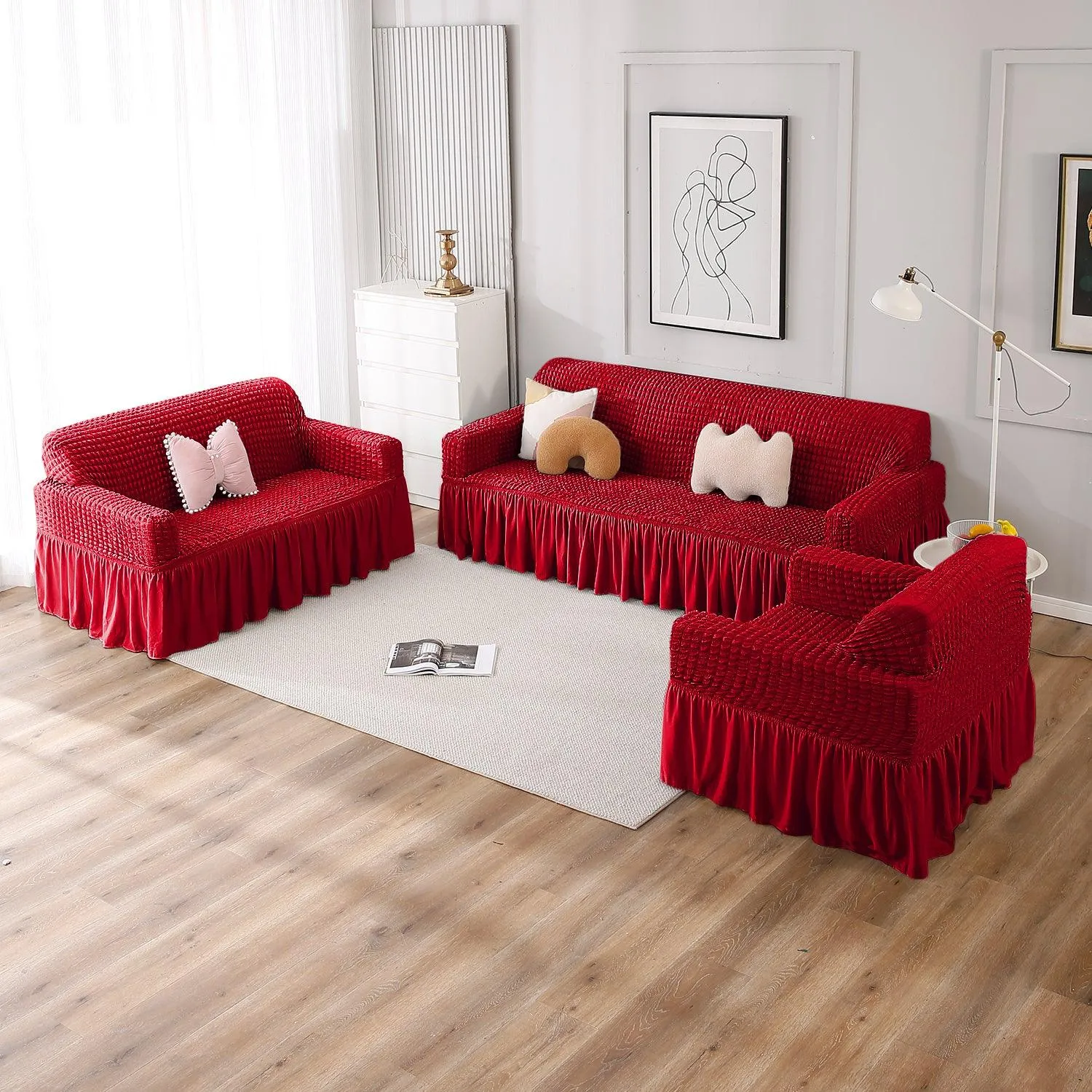 Elastic Stretchable Turkish Bubble Sofa Cover with Frill, Scarlet Red