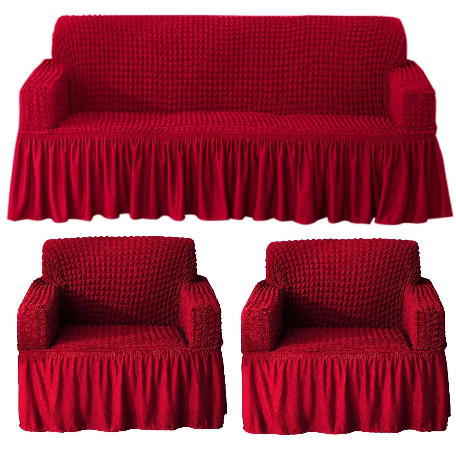 Elastic Stretchable Turkish Bubble Sofa Cover with Frill, Scarlet Red