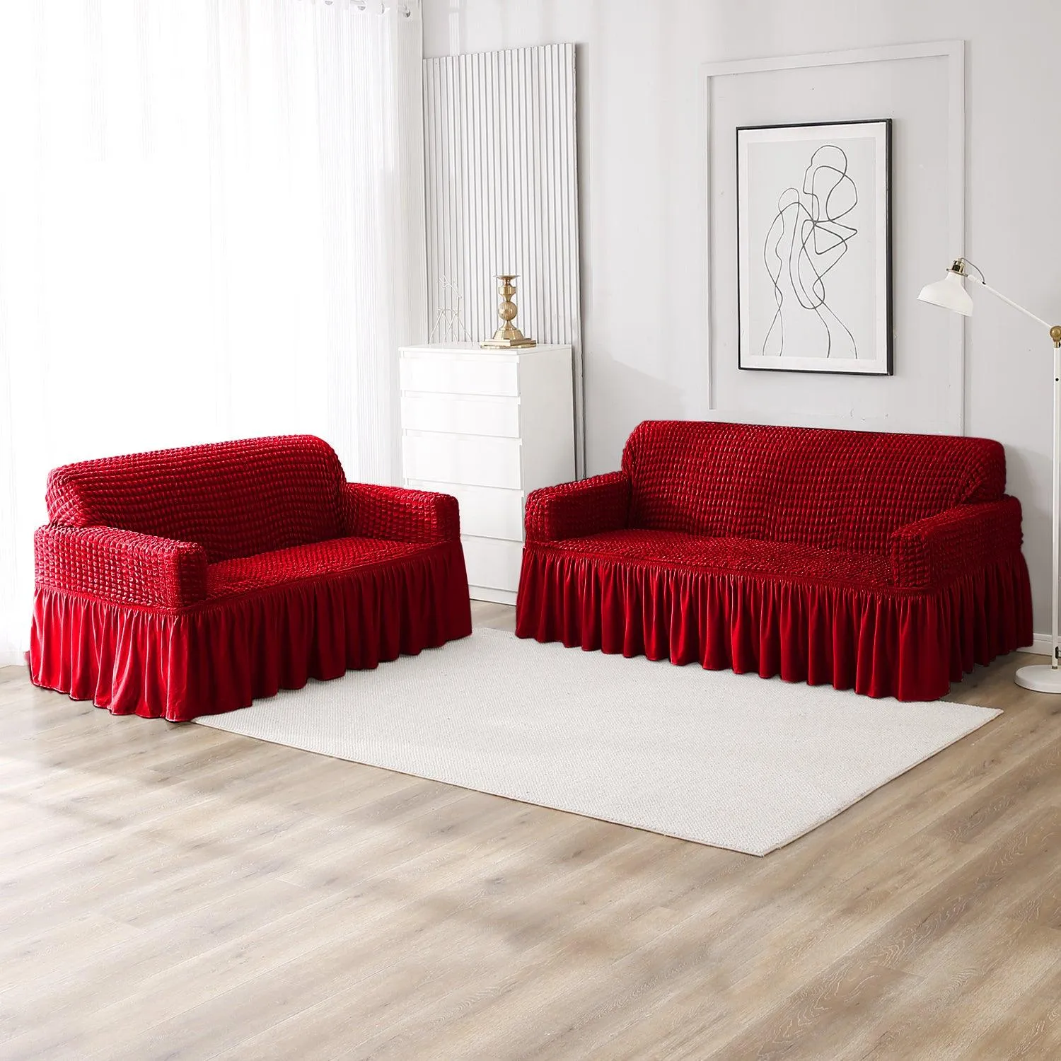 Elastic Stretchable Turkish Bubble Sofa Cover with Frill, Scarlet Red