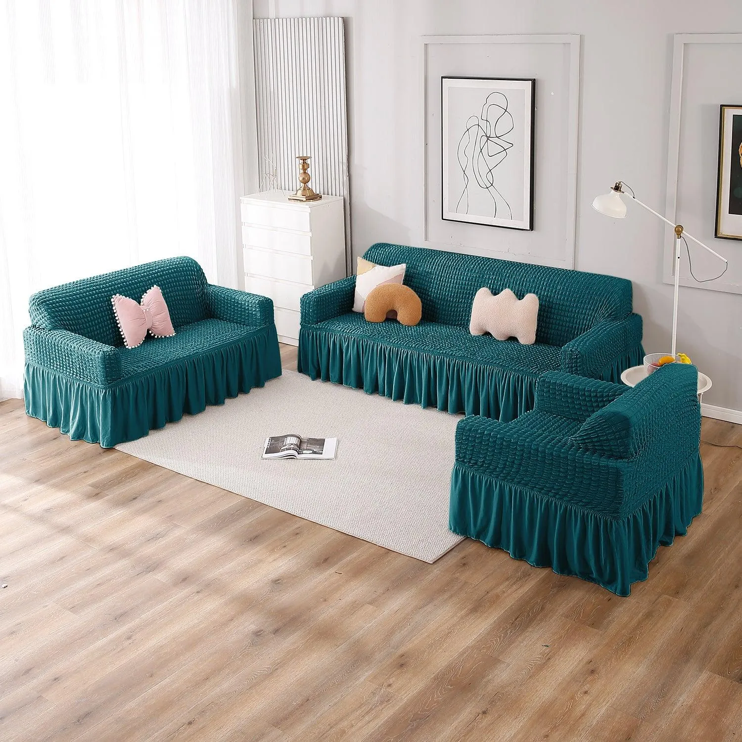 Elastic Stretchable Turkish Bubble Sofa Cover with Frill, Teal