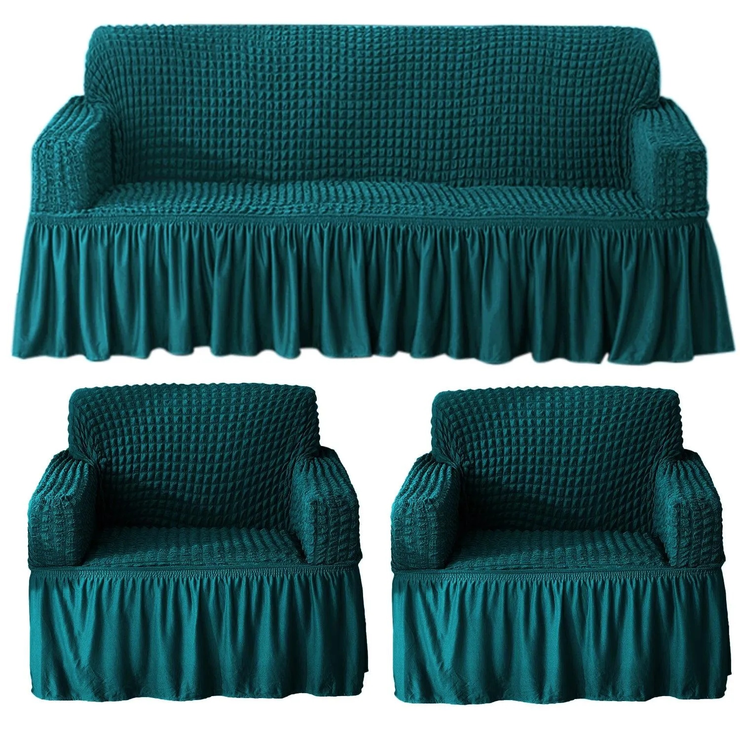 Elastic Stretchable Turkish Bubble Sofa Cover with Frill, Teal