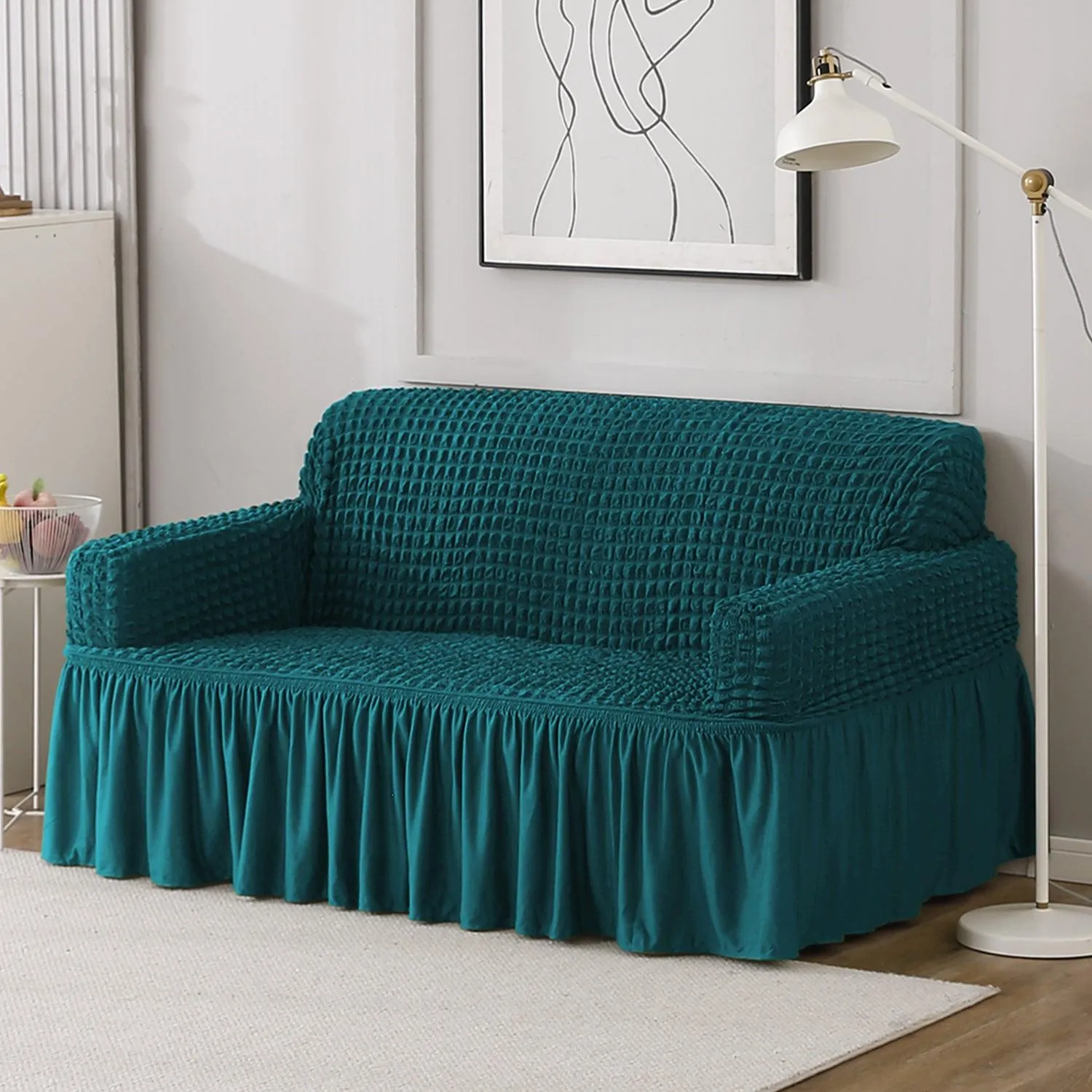 Elastic Stretchable Turkish Bubble Sofa Cover with Frill, Teal