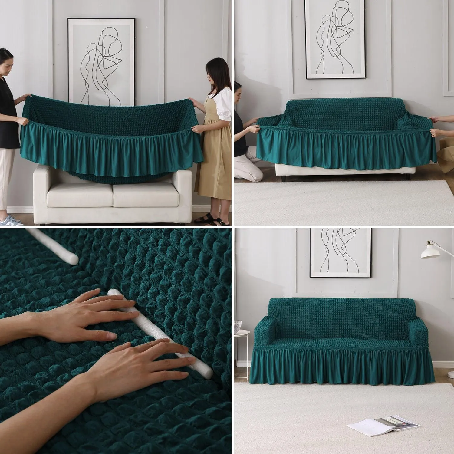 Elastic Stretchable Turkish Bubble Sofa Cover with Frill, Teal