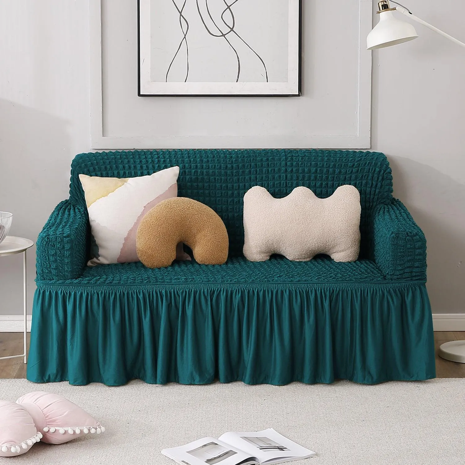 Elastic Stretchable Turkish Bubble Sofa Cover with Frill, Teal