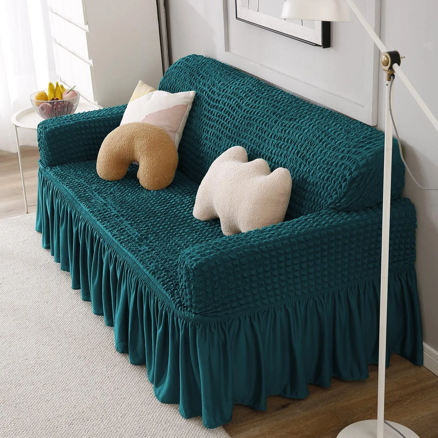 Elastic Stretchable Turkish Bubble Sofa Cover with Frill, Teal