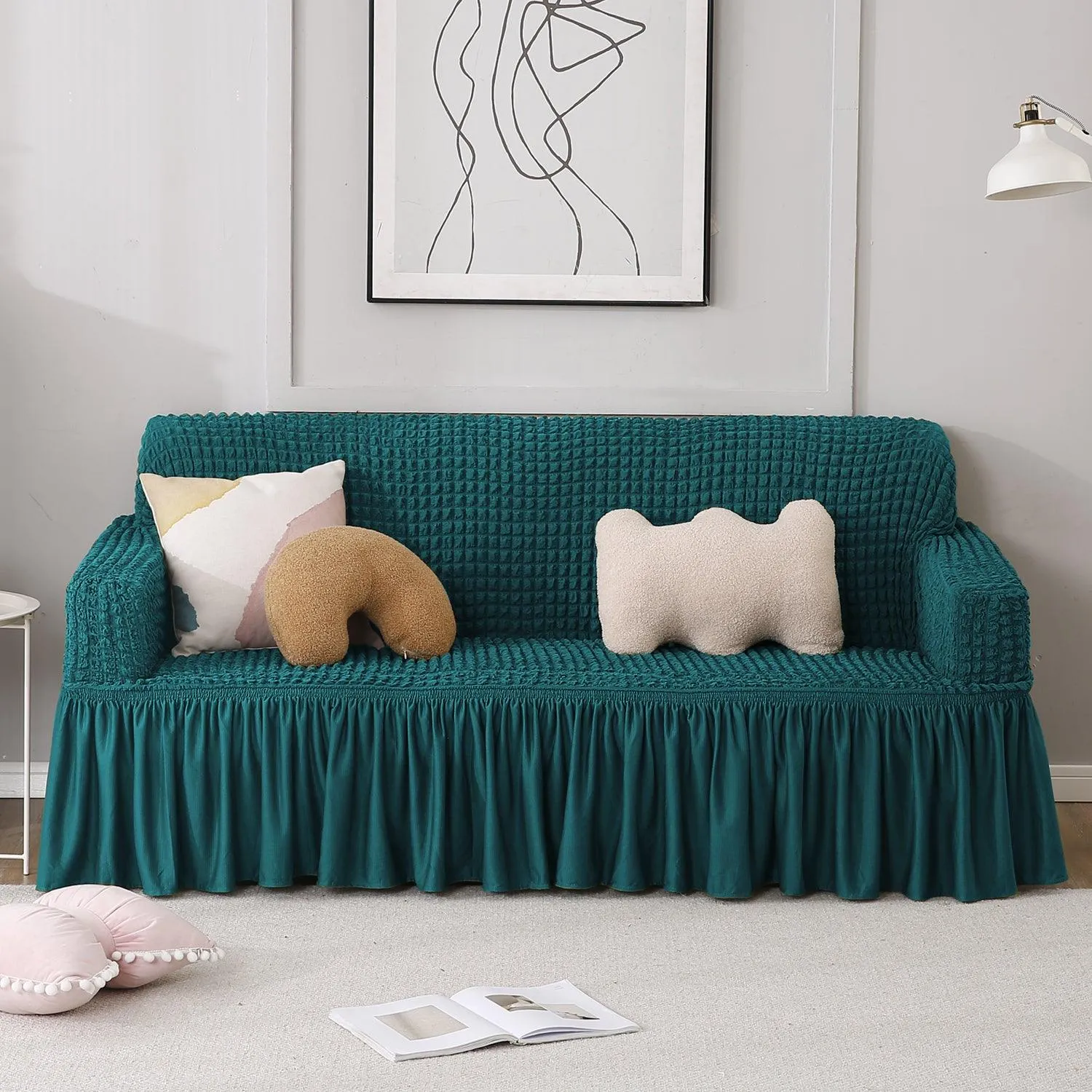 Elastic Stretchable Turkish Bubble Sofa Cover with Frill, Teal