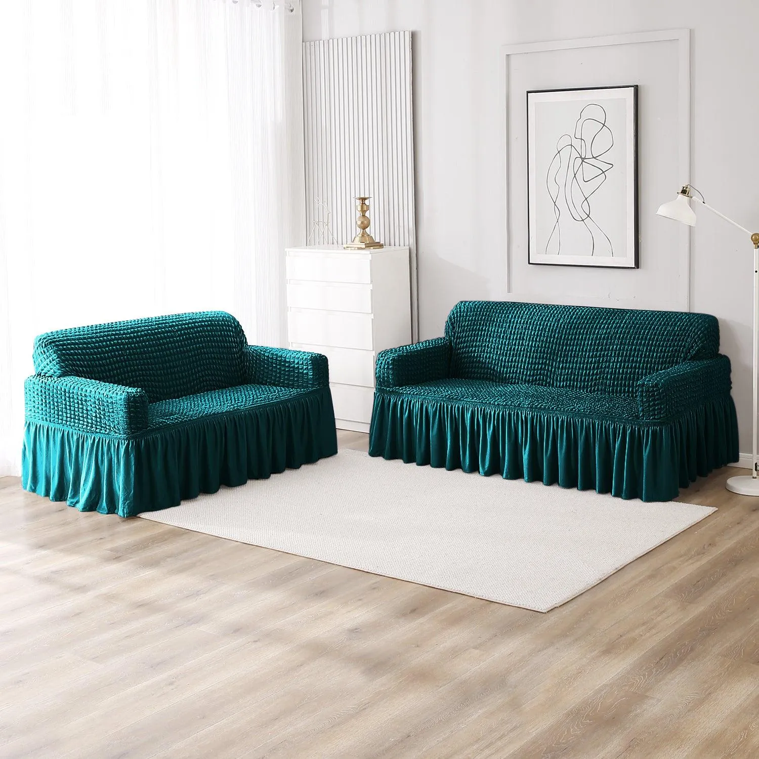 Elastic Stretchable Turkish Bubble Sofa Cover with Frill, Teal