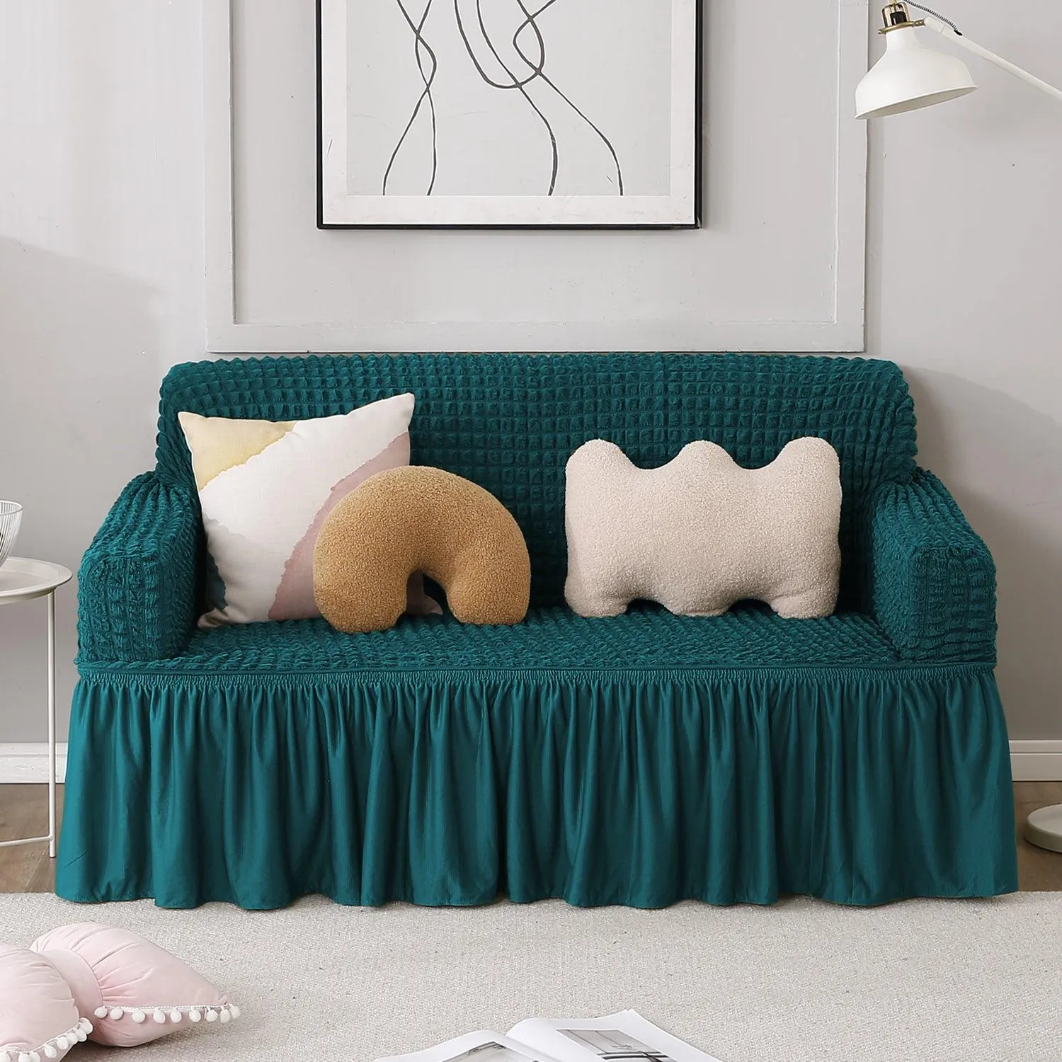 Elastic Stretchable Turkish Bubble Sofa Cover with Frill, Teal