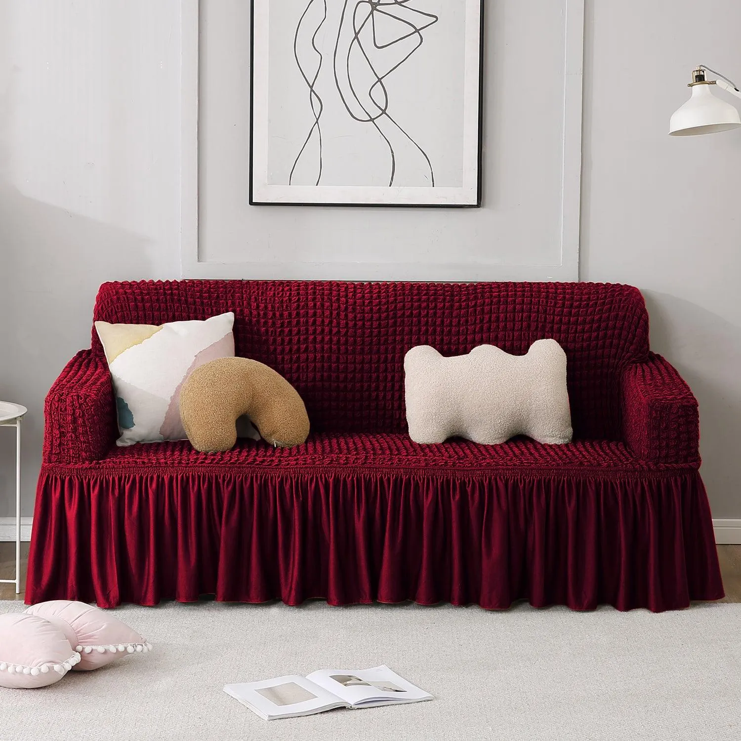 Elastic Stretchable Turkish Bubble Sofa Cover with Frill, Wine