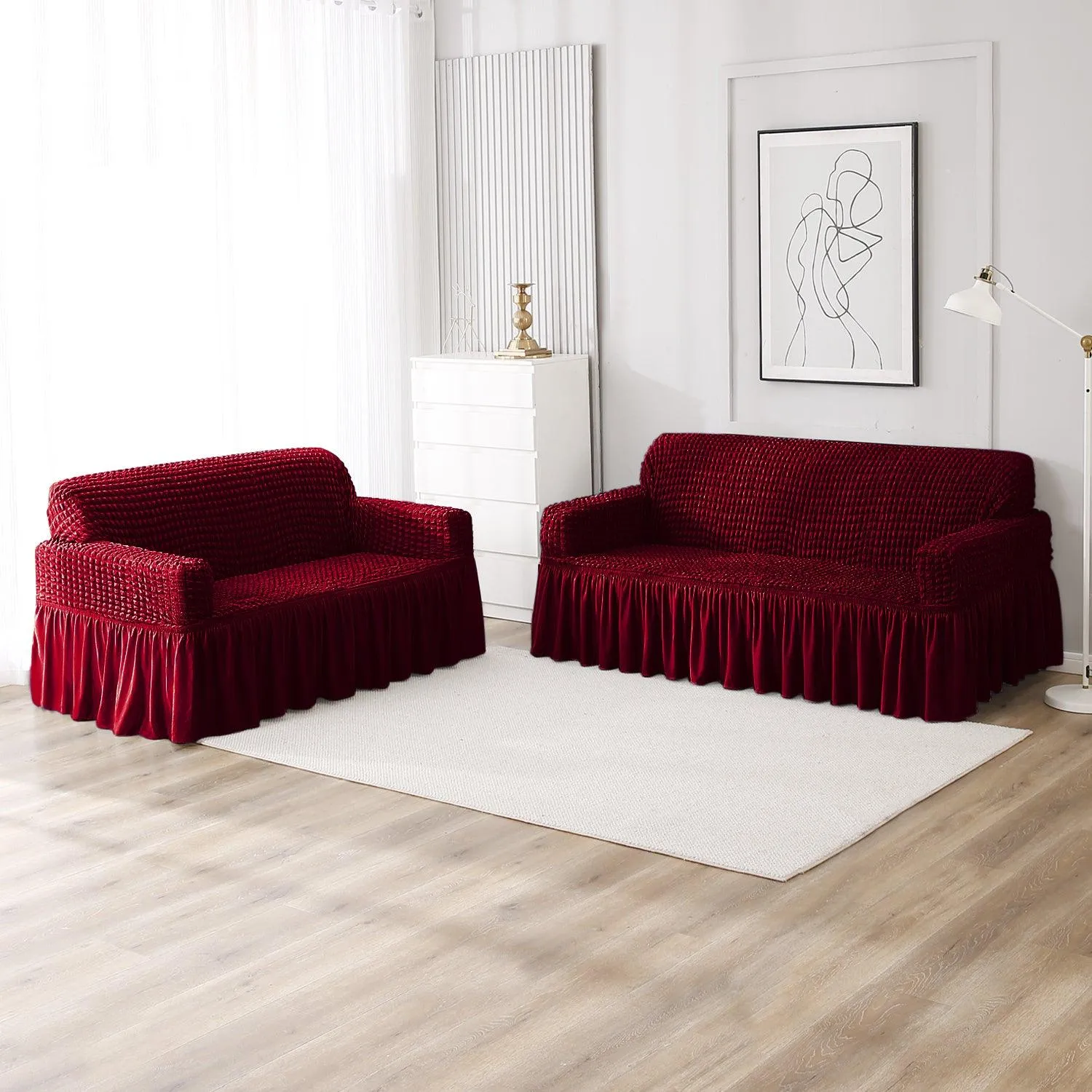 Elastic Stretchable Turkish Bubble Sofa Cover with Frill, Wine