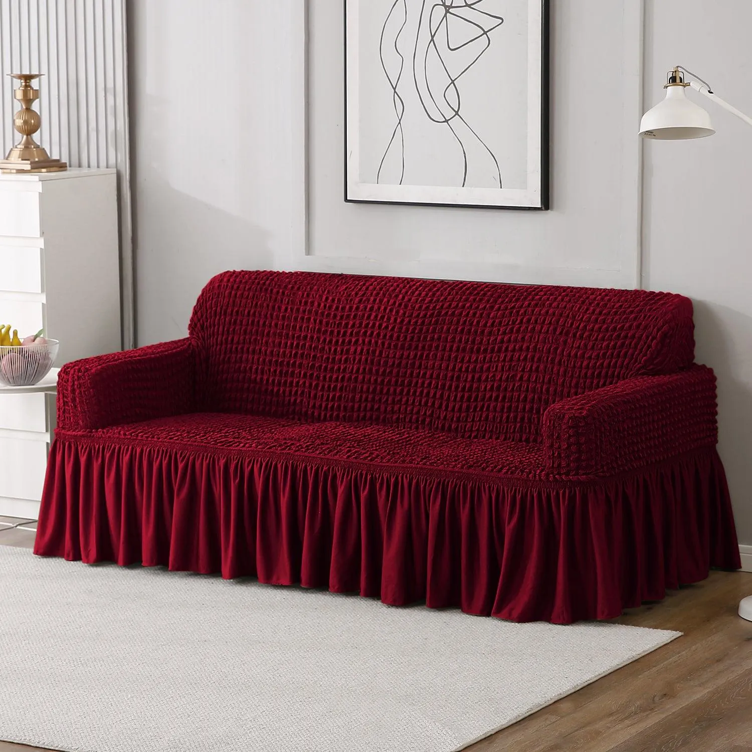 Elastic Stretchable Turkish Bubble Sofa Cover with Frill, Wine