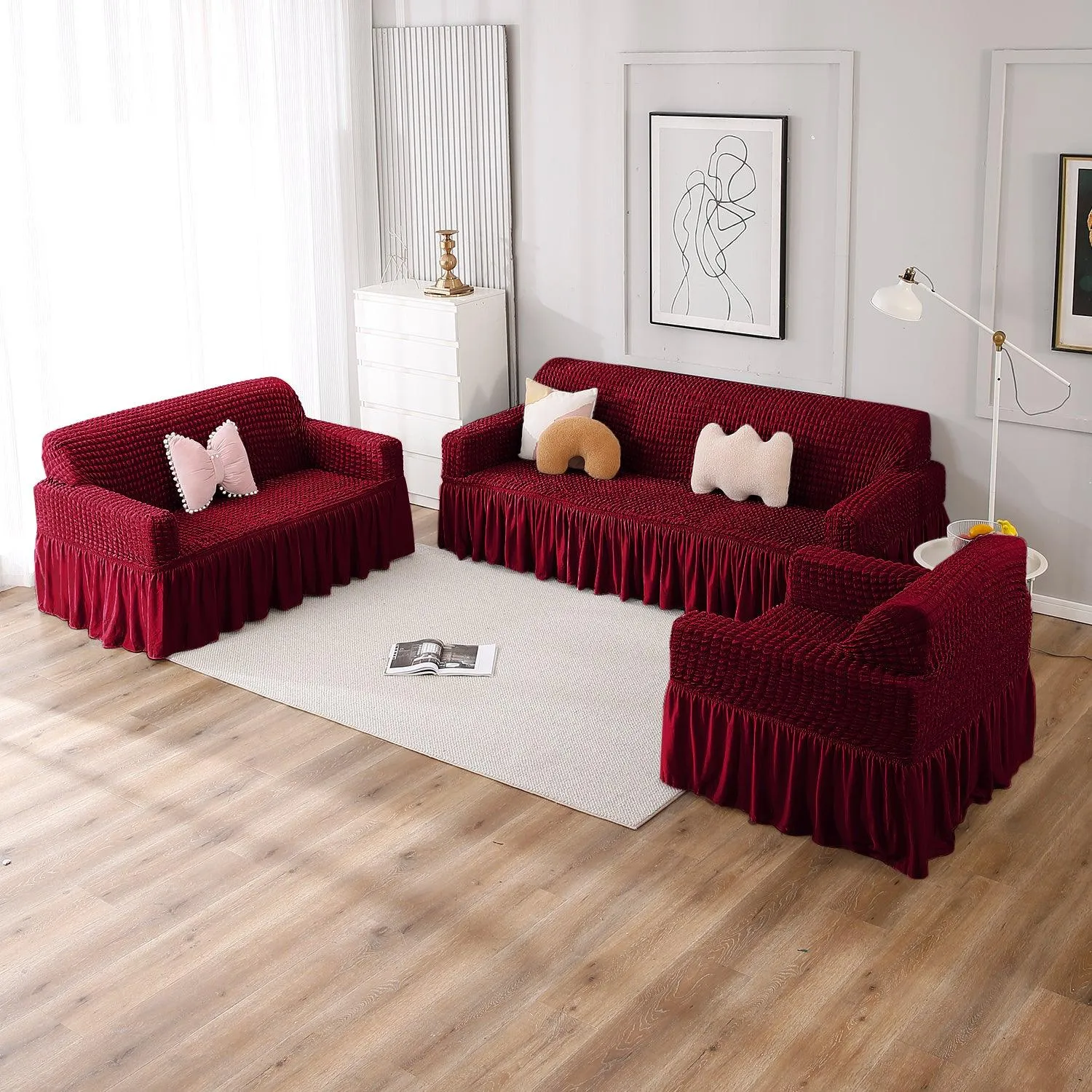 Elastic Stretchable Turkish Bubble Sofa Cover with Frill, Wine