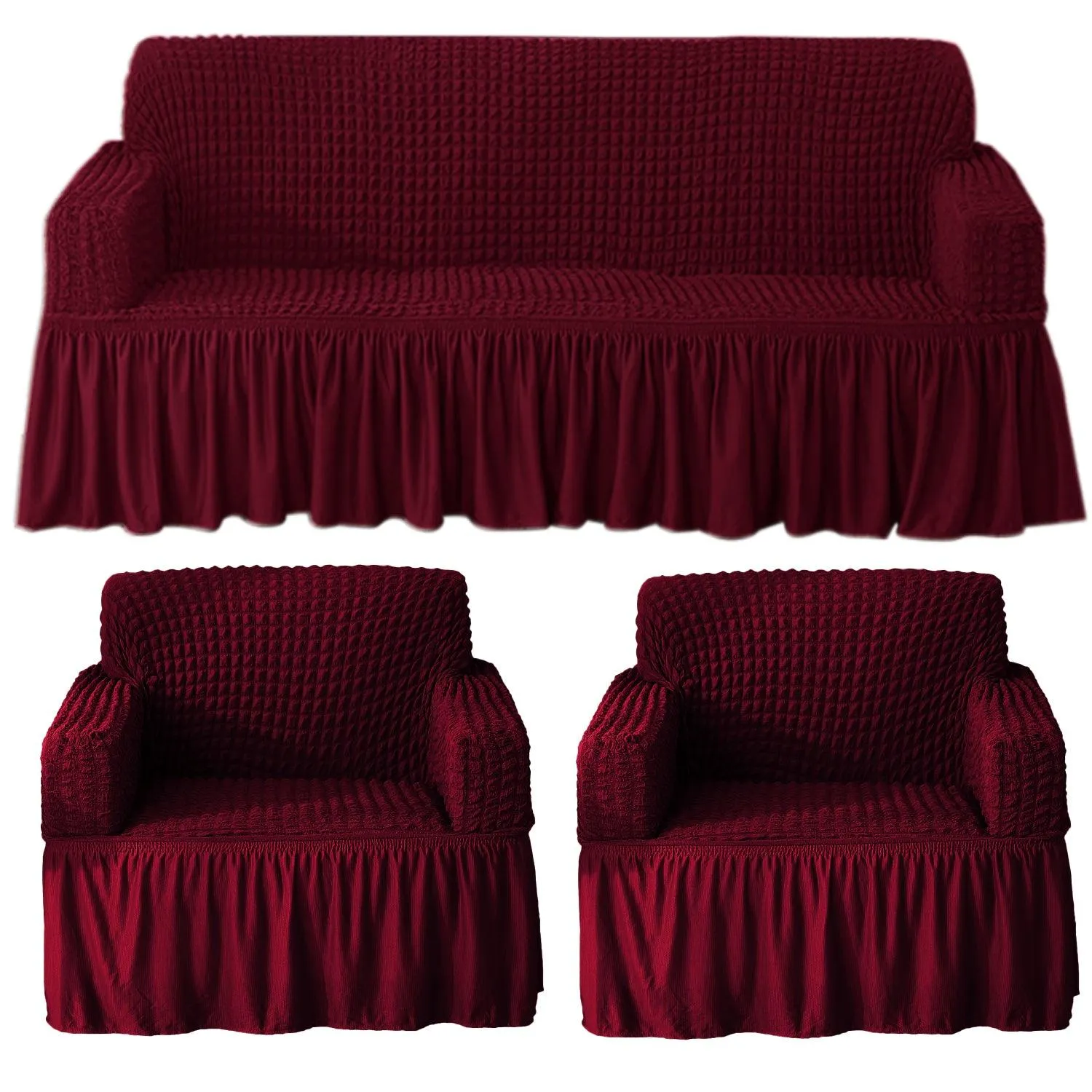 Elastic Stretchable Turkish Bubble Sofa Cover with Frill, Wine