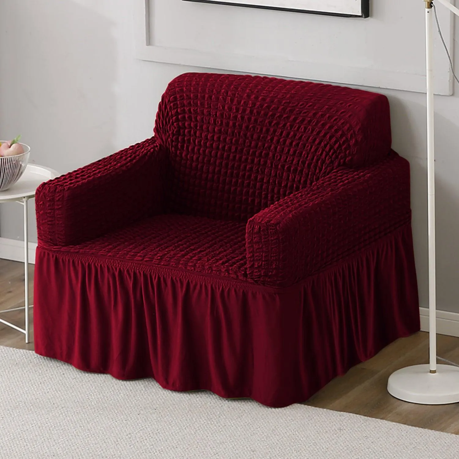 Elastic Stretchable Turkish Bubble Sofa Cover with Frill, Wine