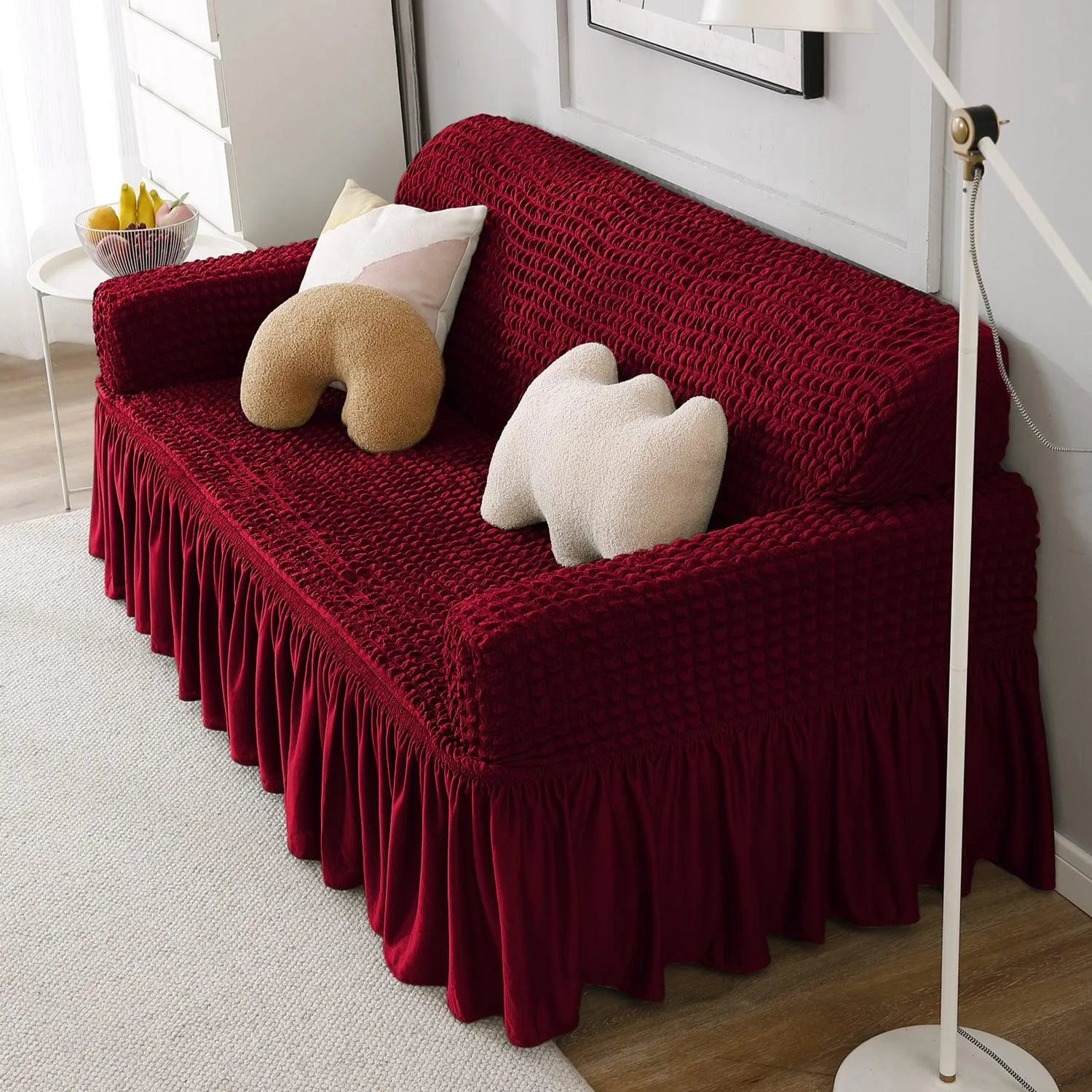 Elastic Stretchable Turkish Bubble Sofa Cover with Frill, Wine