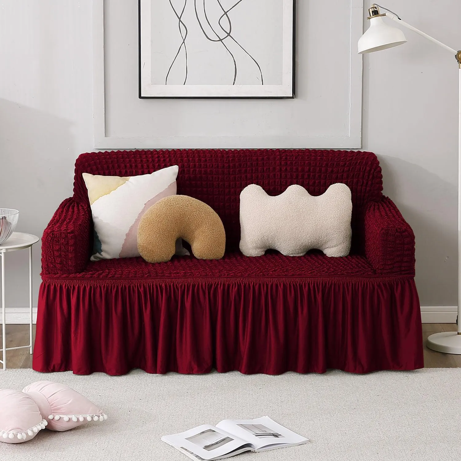 Elastic Stretchable Turkish Bubble Sofa Cover with Frill, Wine