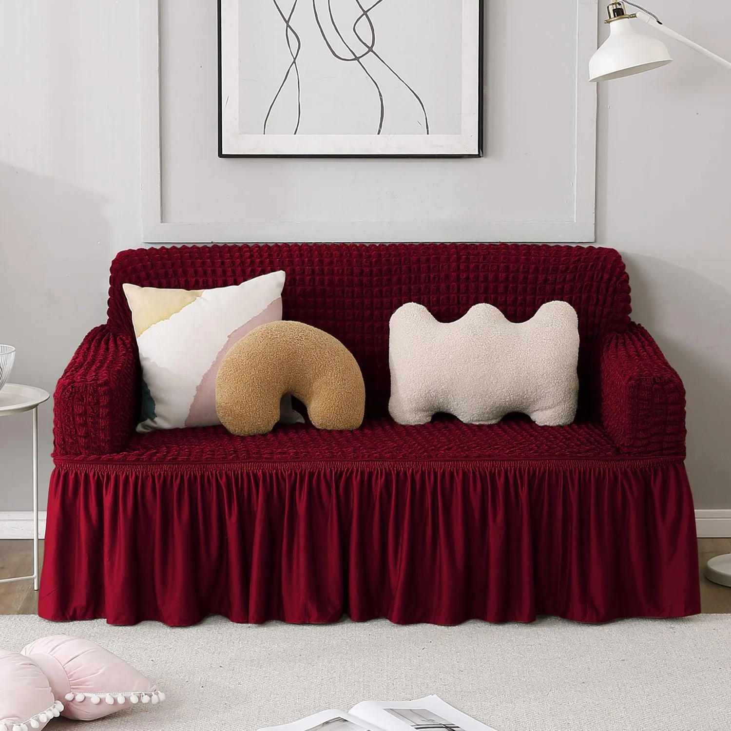 Elastic Stretchable Turkish Bubble Sofa Cover with Frill, Wine