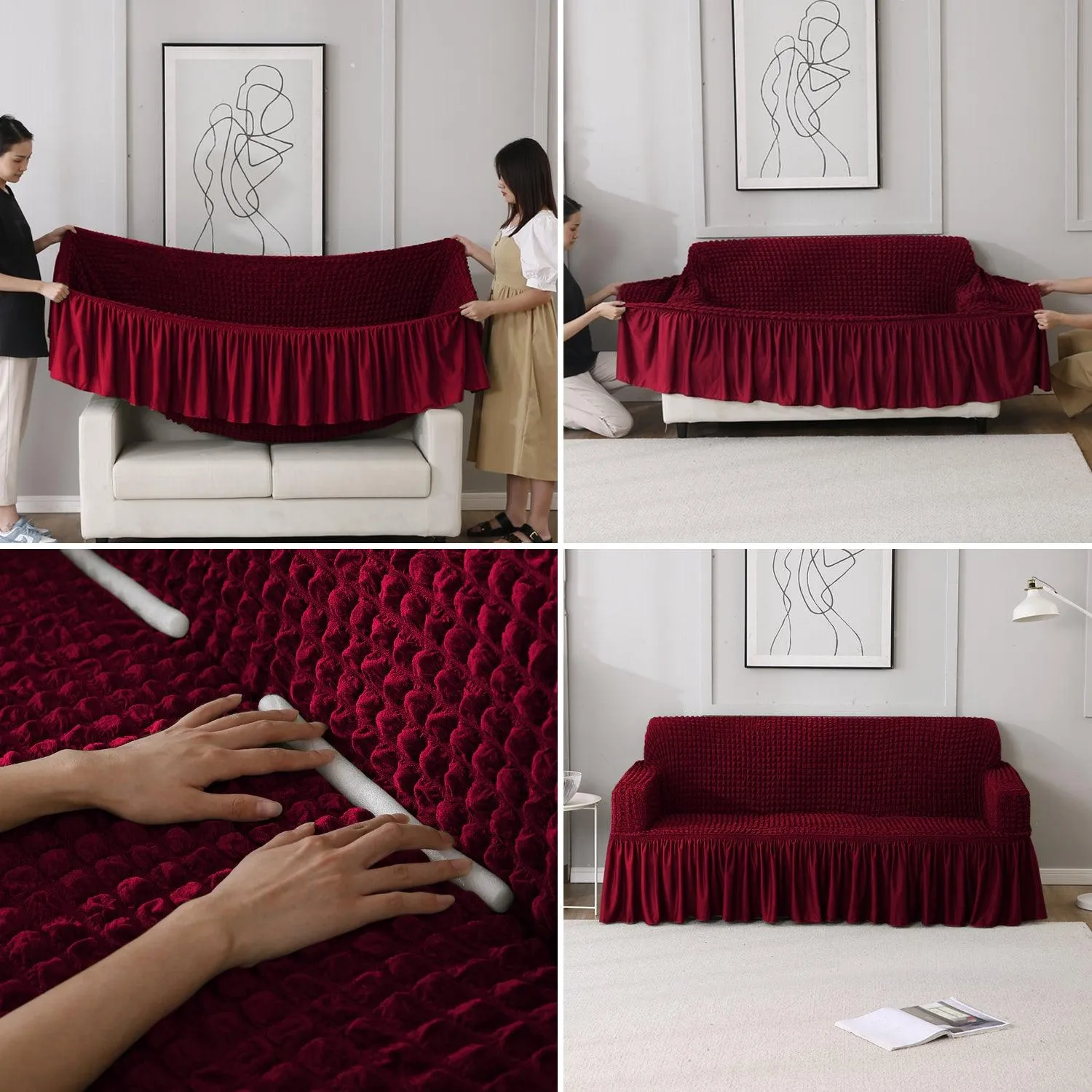 Elastic Stretchable Turkish Bubble Sofa Cover with Frill, Wine