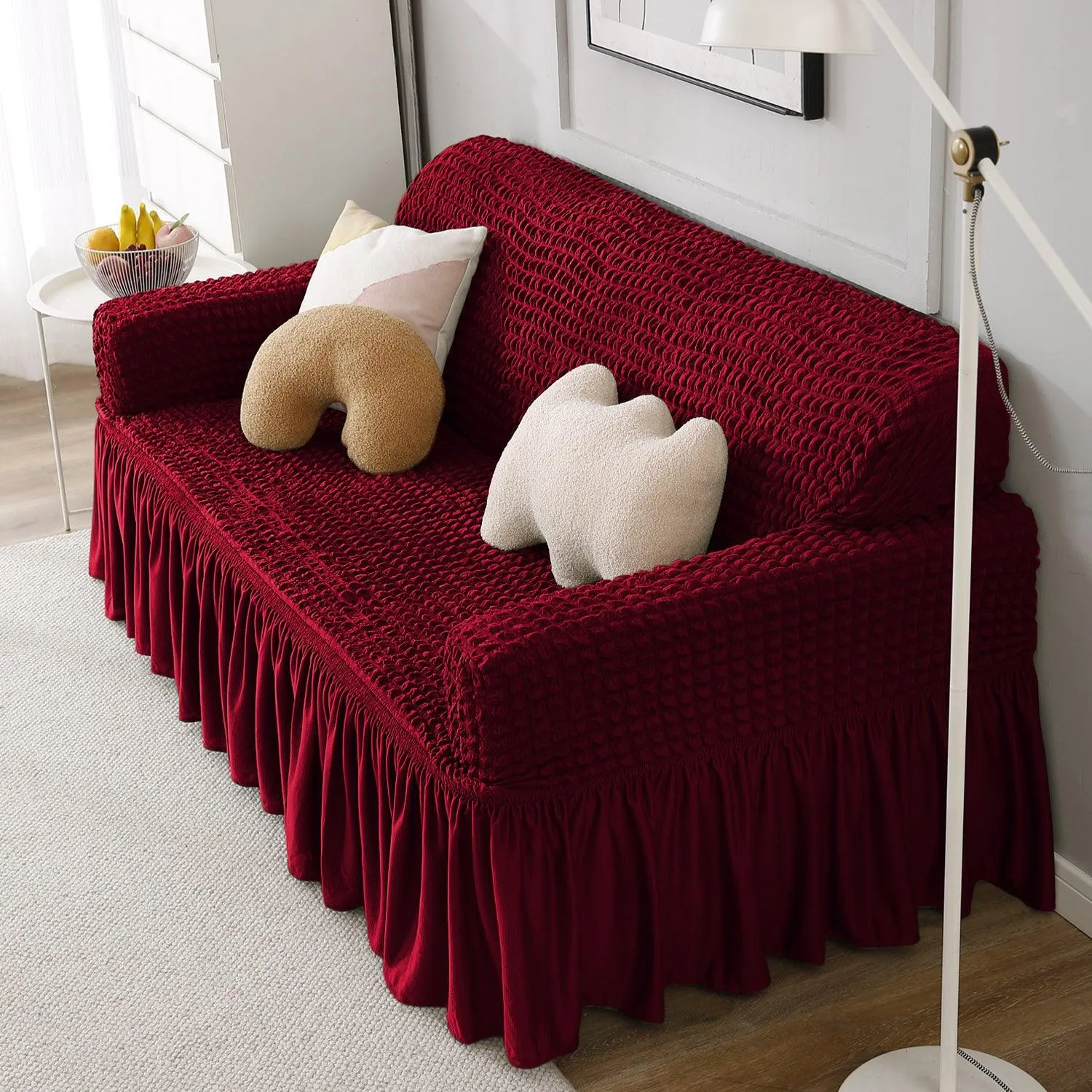 Elastic Stretchable Turkish Bubble Sofa Cover with Frill, Wine