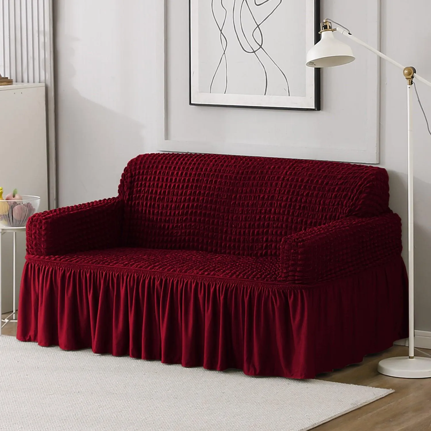 Elastic Stretchable Turkish Bubble Sofa Cover with Frill, Wine