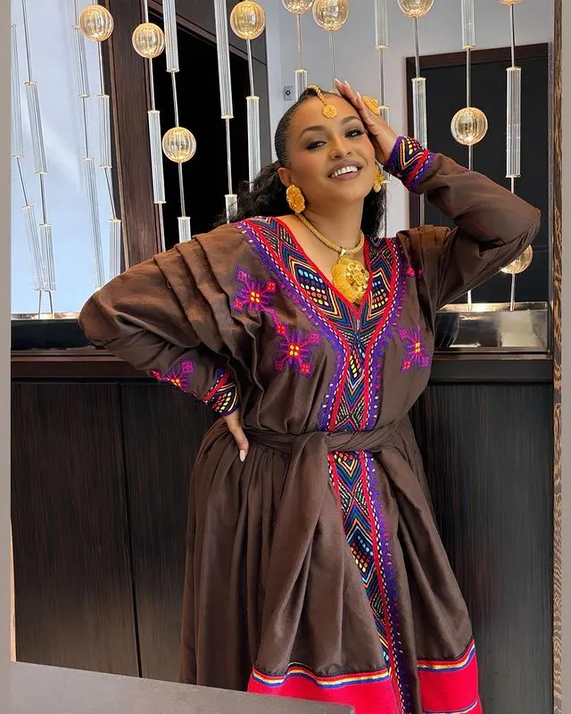 Elegant Ethiopian Traditional Dress Brown Habesha Dress Cultural Habesha Kemis