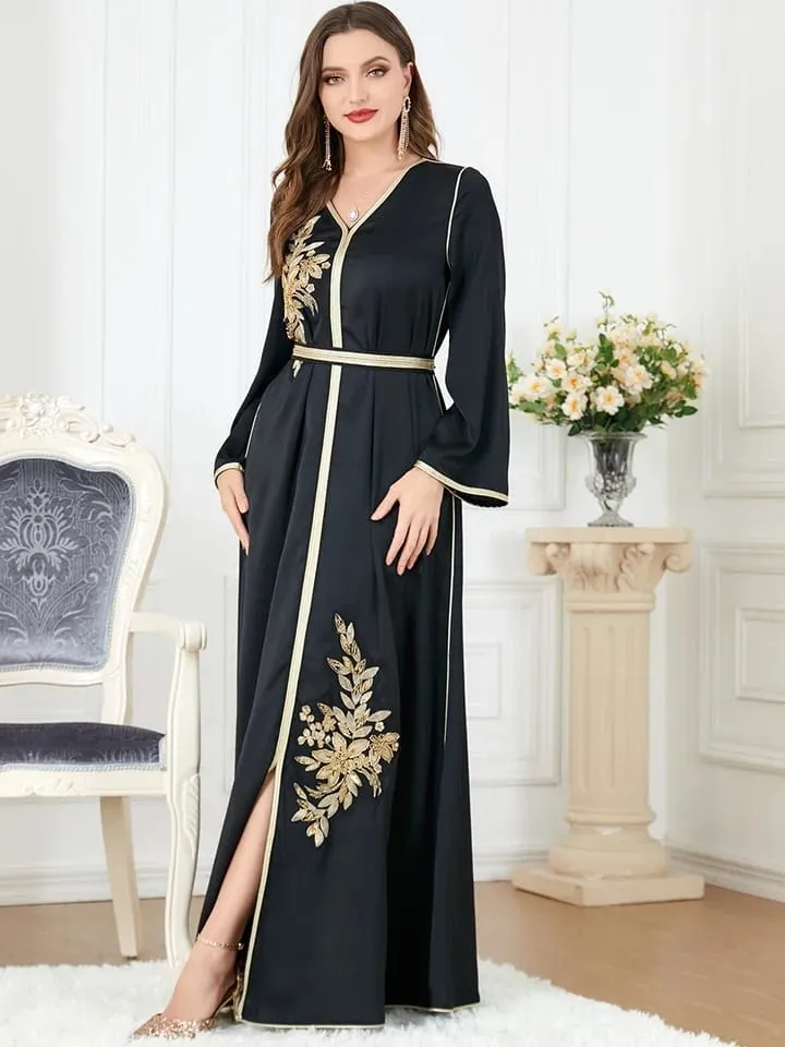 Elegant Muslim Women's Kafthan with Slit Belt Morocco Party Dress L 356345