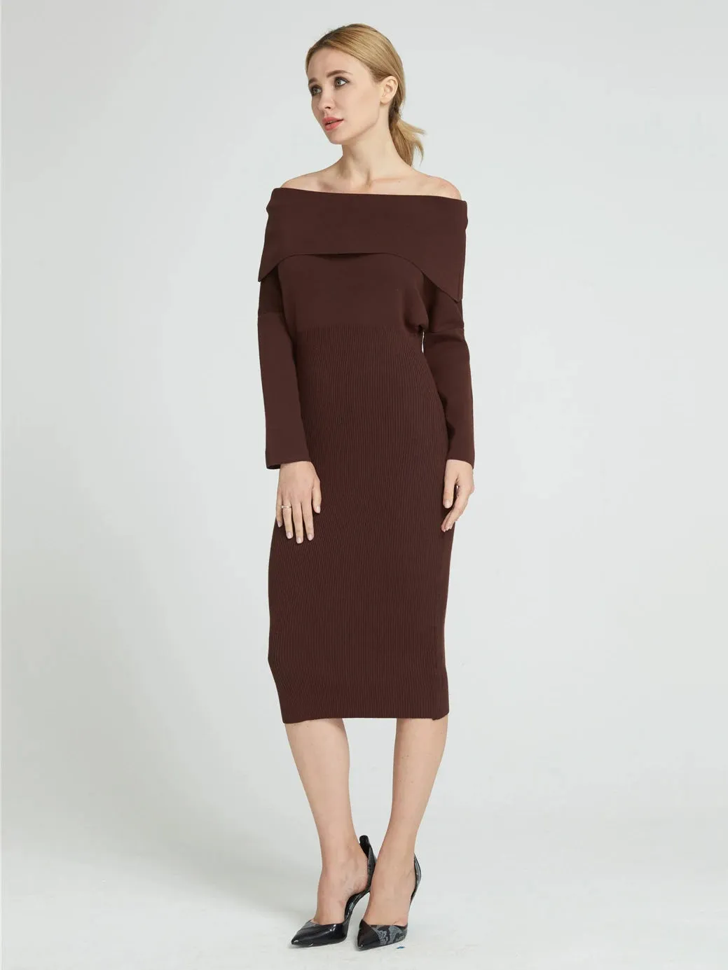 Elegant Party Women Solid Stretch Bodycon Dress Slim Slash Neck Long Sleeve Mid Calf Pencil Dress Casual Office Lady  C-156