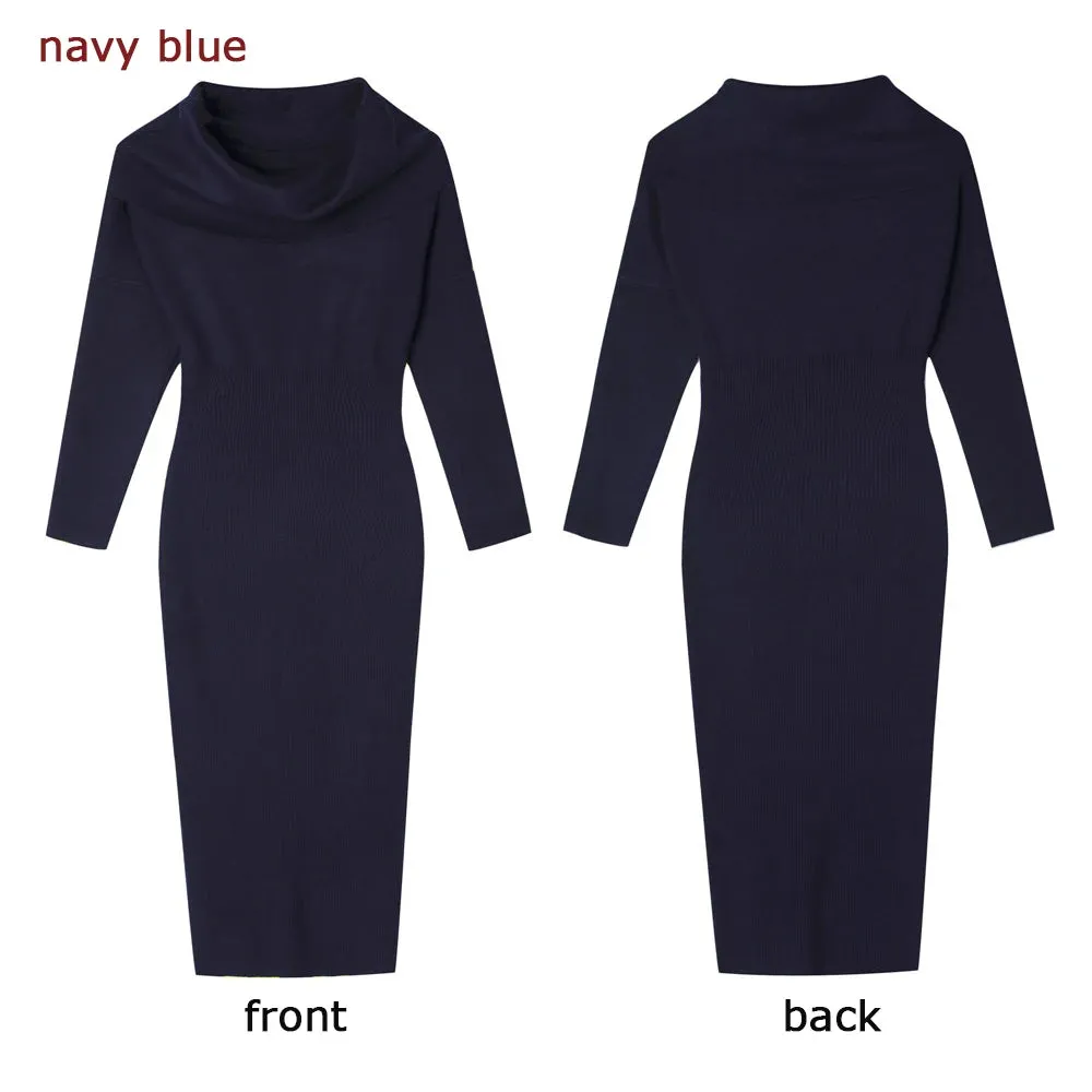 Elegant Party Women Solid Stretch Bodycon Dress Slim Slash Neck Long Sleeve Mid Calf Pencil Dress Casual Office Lady  C-156