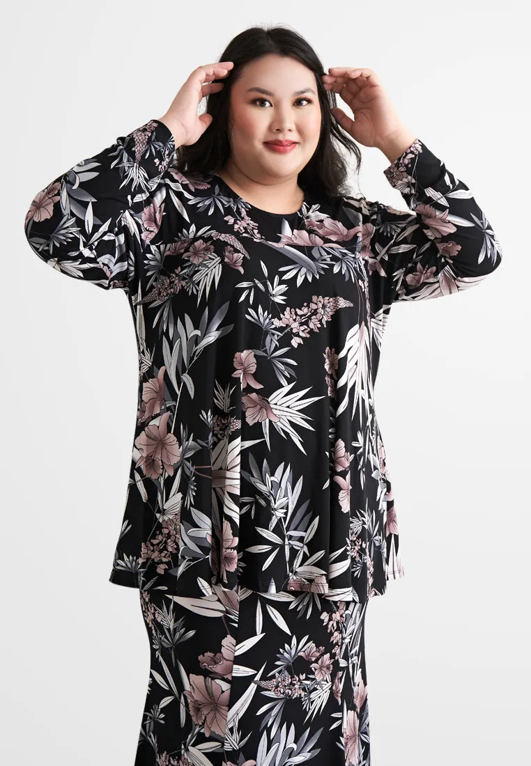 Emalina Full Stretch Flare Floral Kurung Set - Black