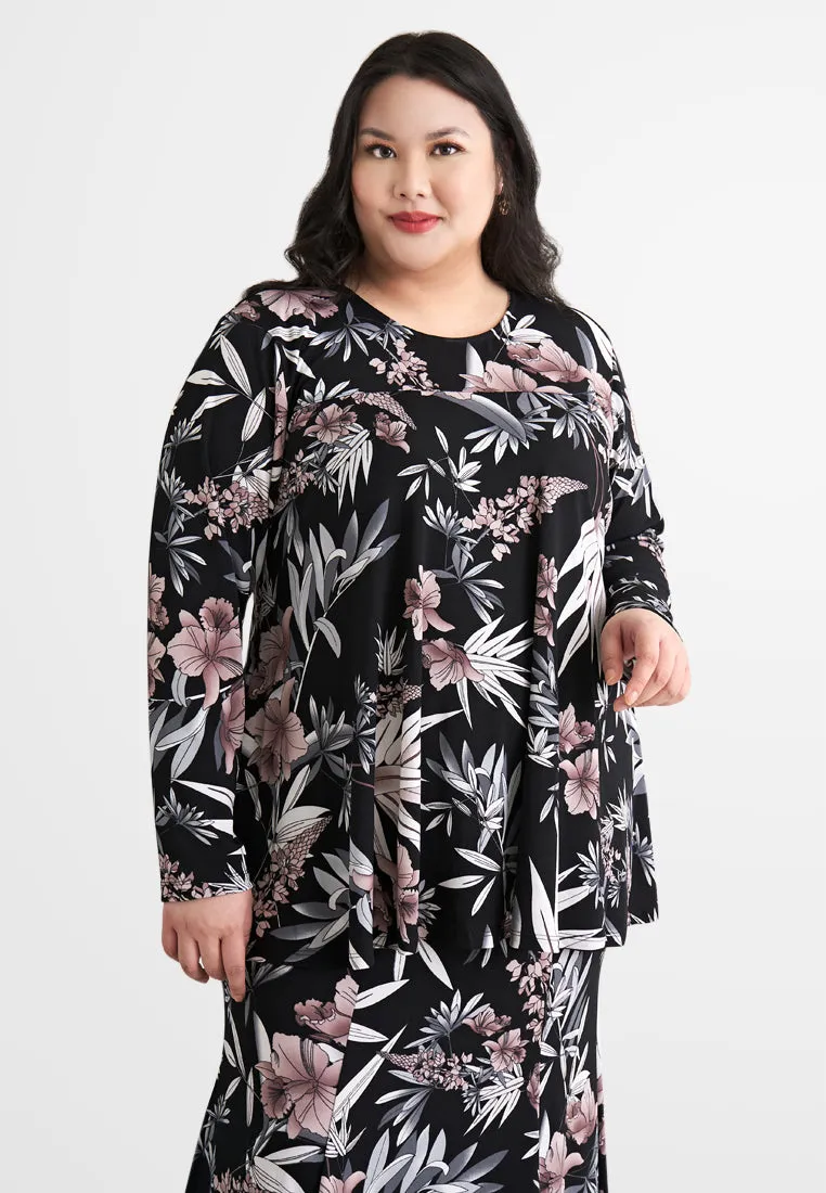 Emalina Full Stretch Flare Floral Kurung Set - Black