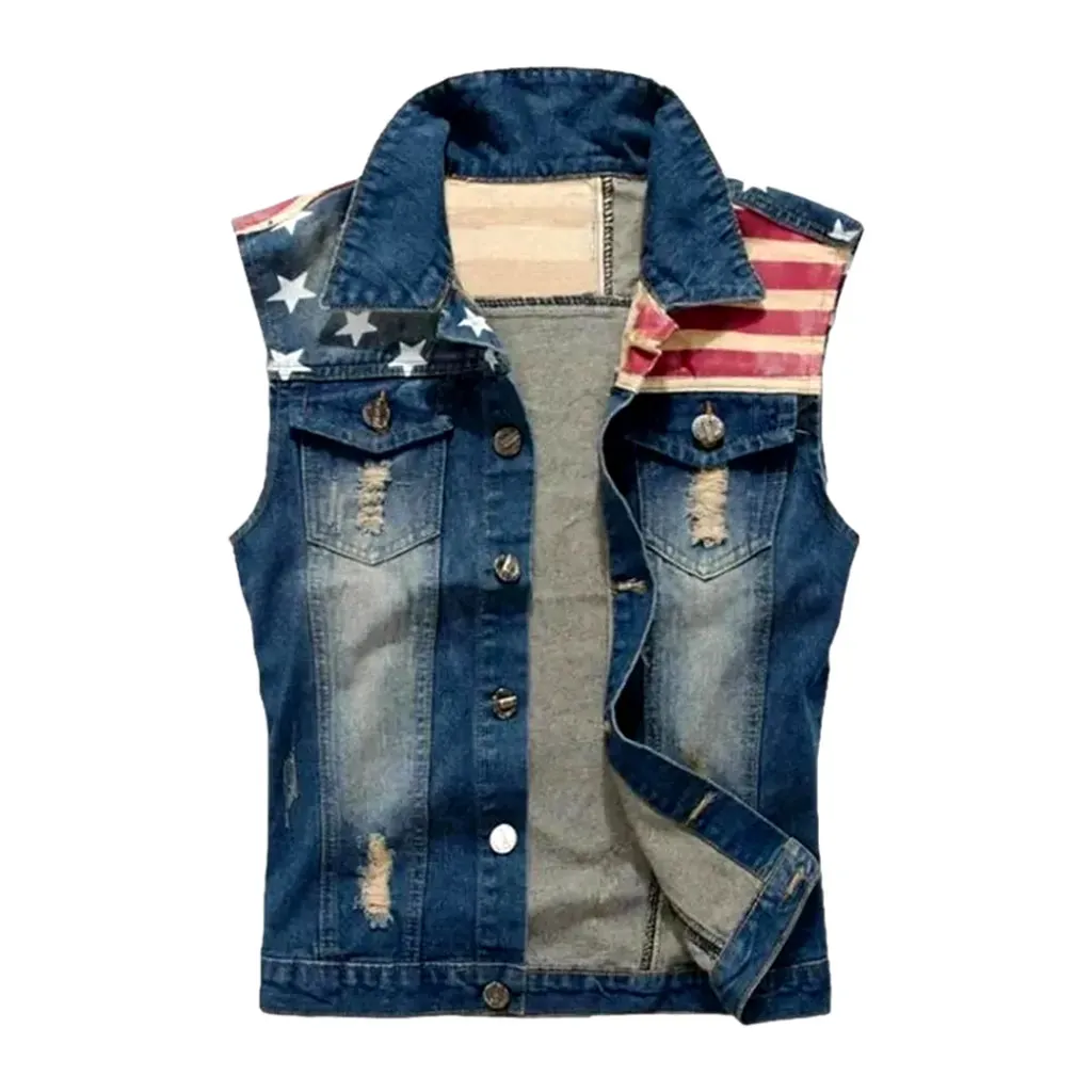 Embroidered distressed jean vest