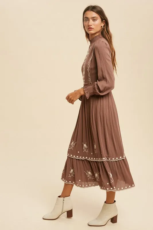 EMBROIDERED FOLKLORE MOCK NECK MIDI DRESS