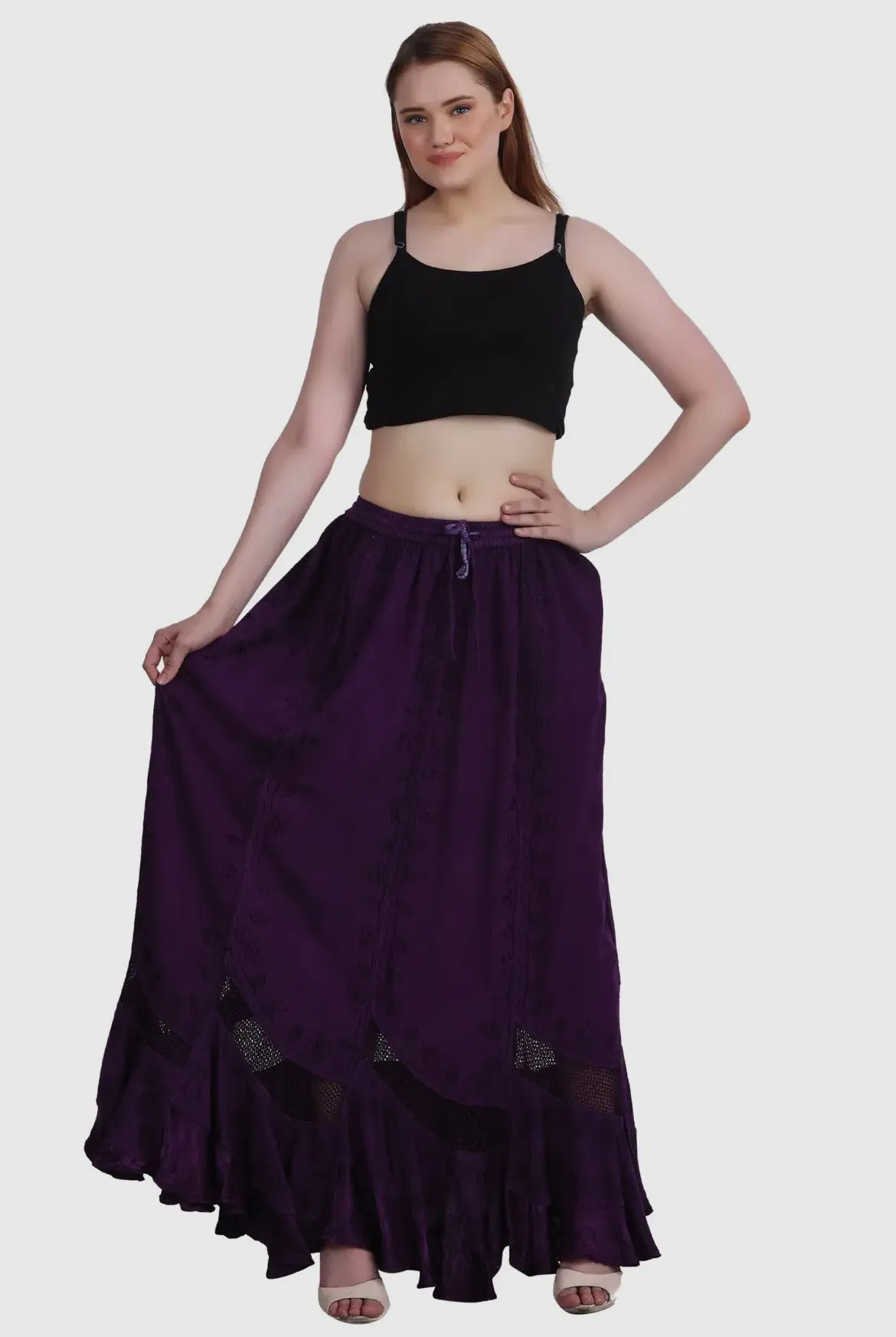 Embroidered Maxi Skirt in Purple