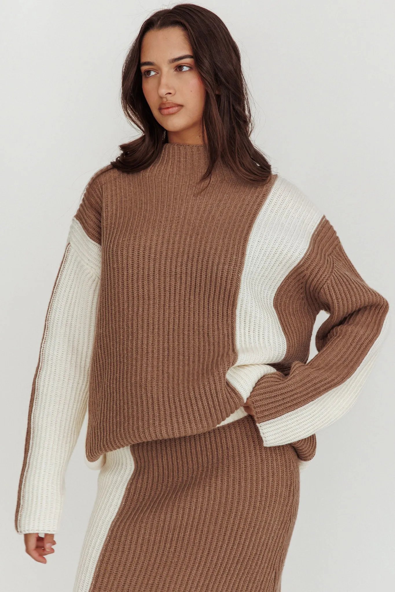 Eos Ribbed Mock Neck Knit Jumper Mocha Cream