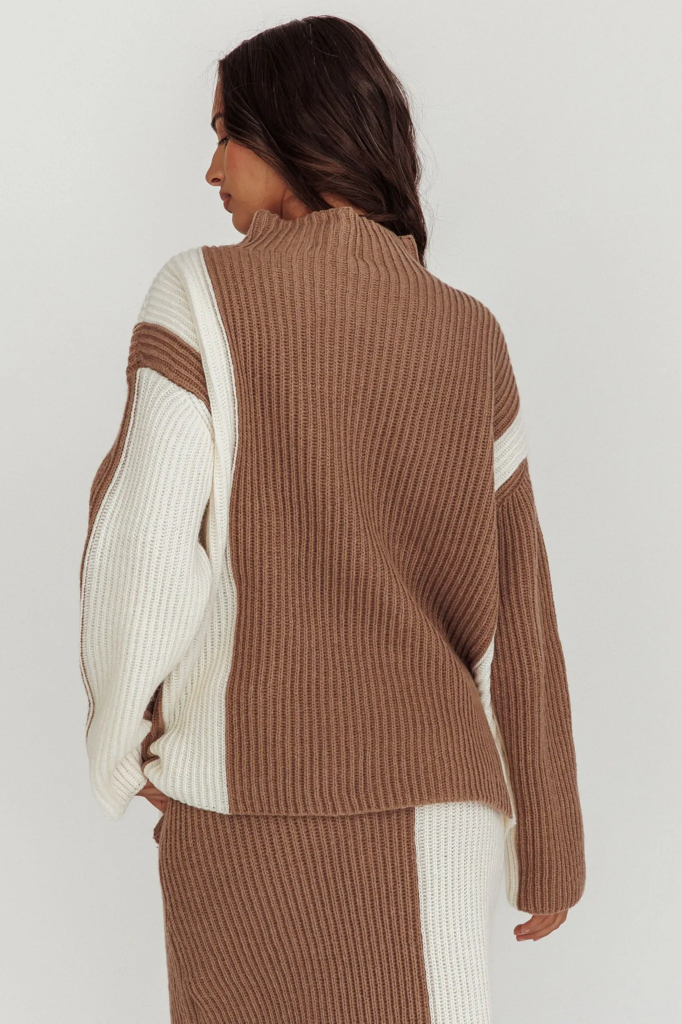 Eos Ribbed Mock Neck Knit Jumper Mocha Cream