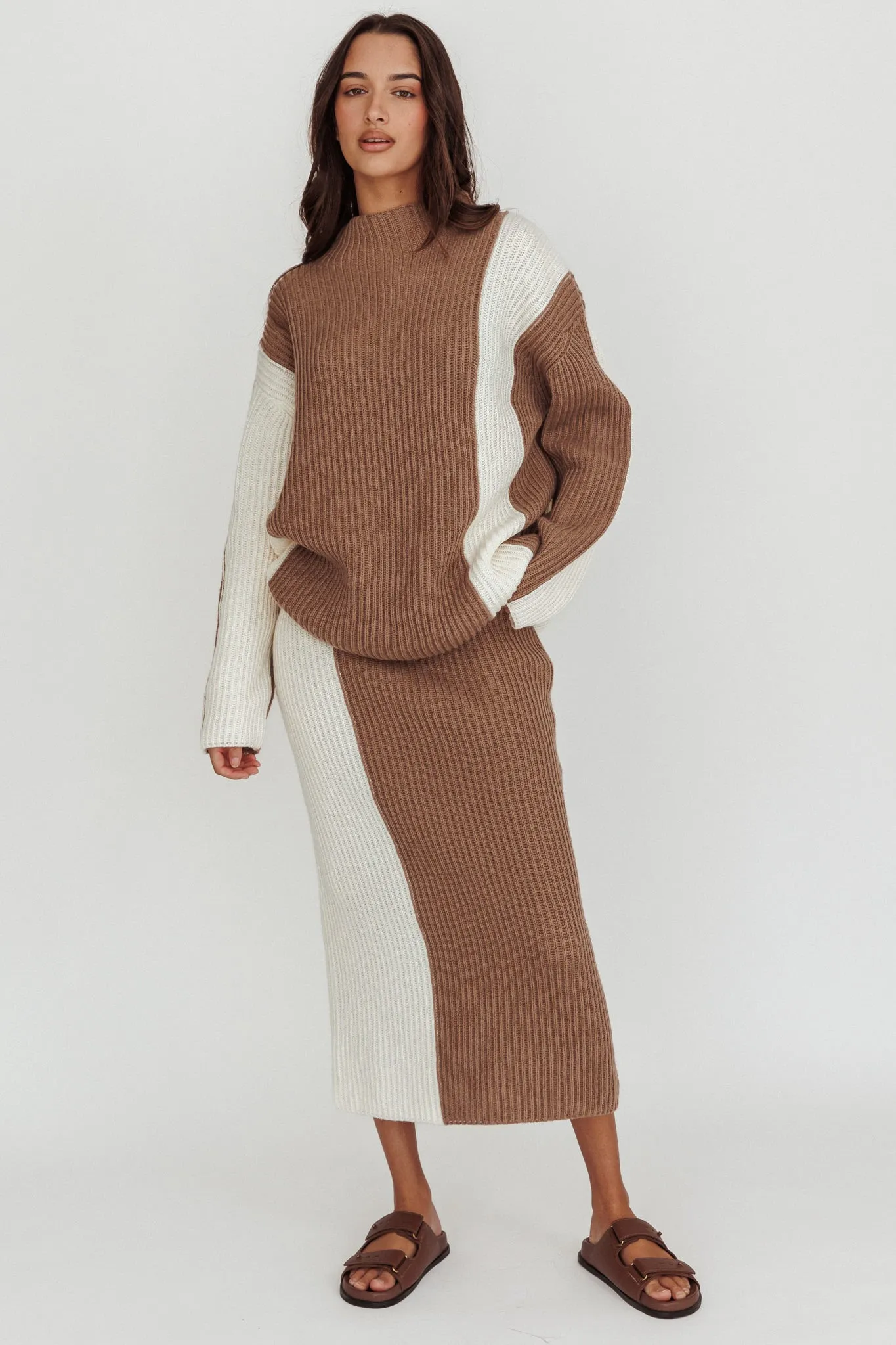 Eos Ribbed Mock Neck Knit Jumper Mocha Cream