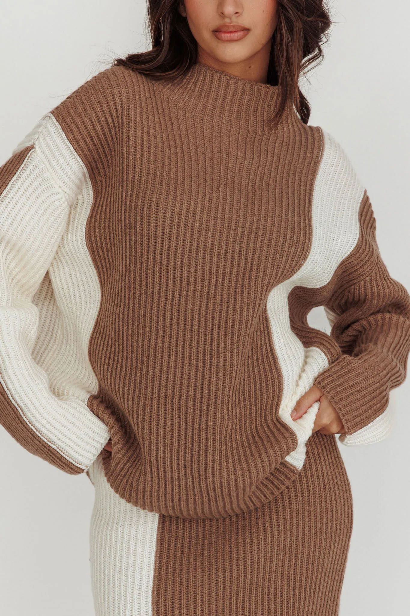 Eos Ribbed Mock Neck Knit Jumper Mocha Cream