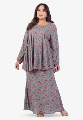 Eshal Raya4All Printed Empire Cut Kurung Set - Grey Blue